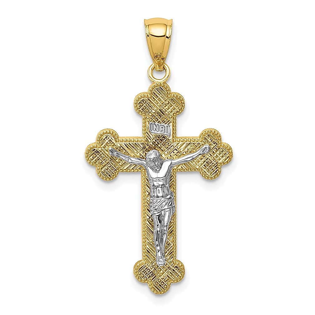 14K Two-Tone Yellow Gold INRI Budded Crucifix Cross Necklace Pendant - Religious Fine Jewelry for Women, Perfect Gift for Her - Ideal for Church, Weddings, Baptisms & Everyday Wear