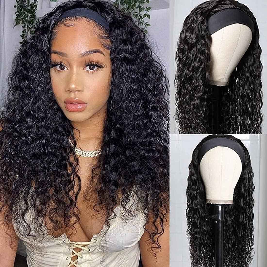Beauty Forever Headband Human Hair Wigs - Water Wave Glueless Wig with Pre-Attached Scarf | Non Lace Front Natural Color 20 Inch 150% Density Wigs for Women | Perfect for Daily Wear, Cosplay & Protective Styling