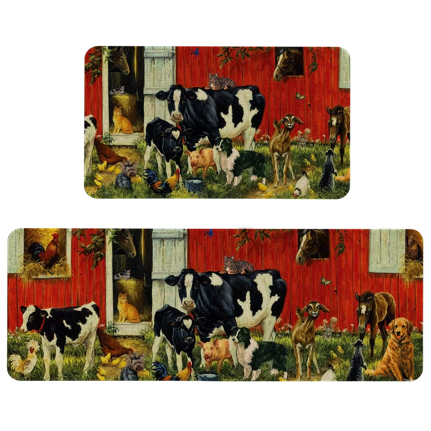 Farmhouse Kitchen Rugs Set of 2 - Non-Slip Washable Floor Mats with Farm Animal Design (17x29 & 17x47 Inch) for Home Decor, Holiday Cooking & Seasonal Kitchen Accents - Perfect for Country Style Kitchens and Cozy Farmhouse Aesthetics
