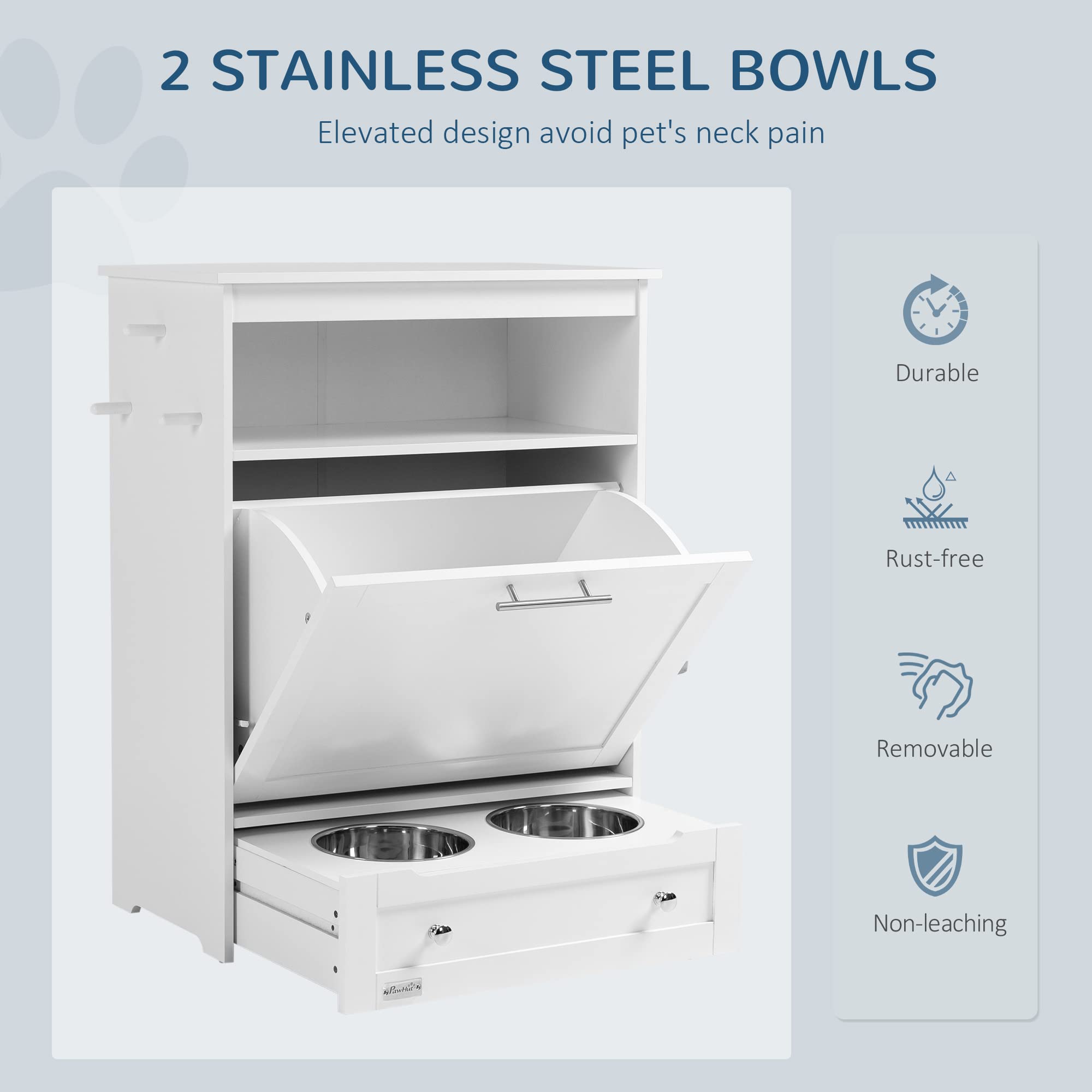 PawHut Elevated Dog Feeding Station with Food Storage Cabinet - Includes Raised Bowls & Hanger for Pet Food & Water Supplies - Perfect for Kitchen, Laundry Room or Pet Feeding Area - White
