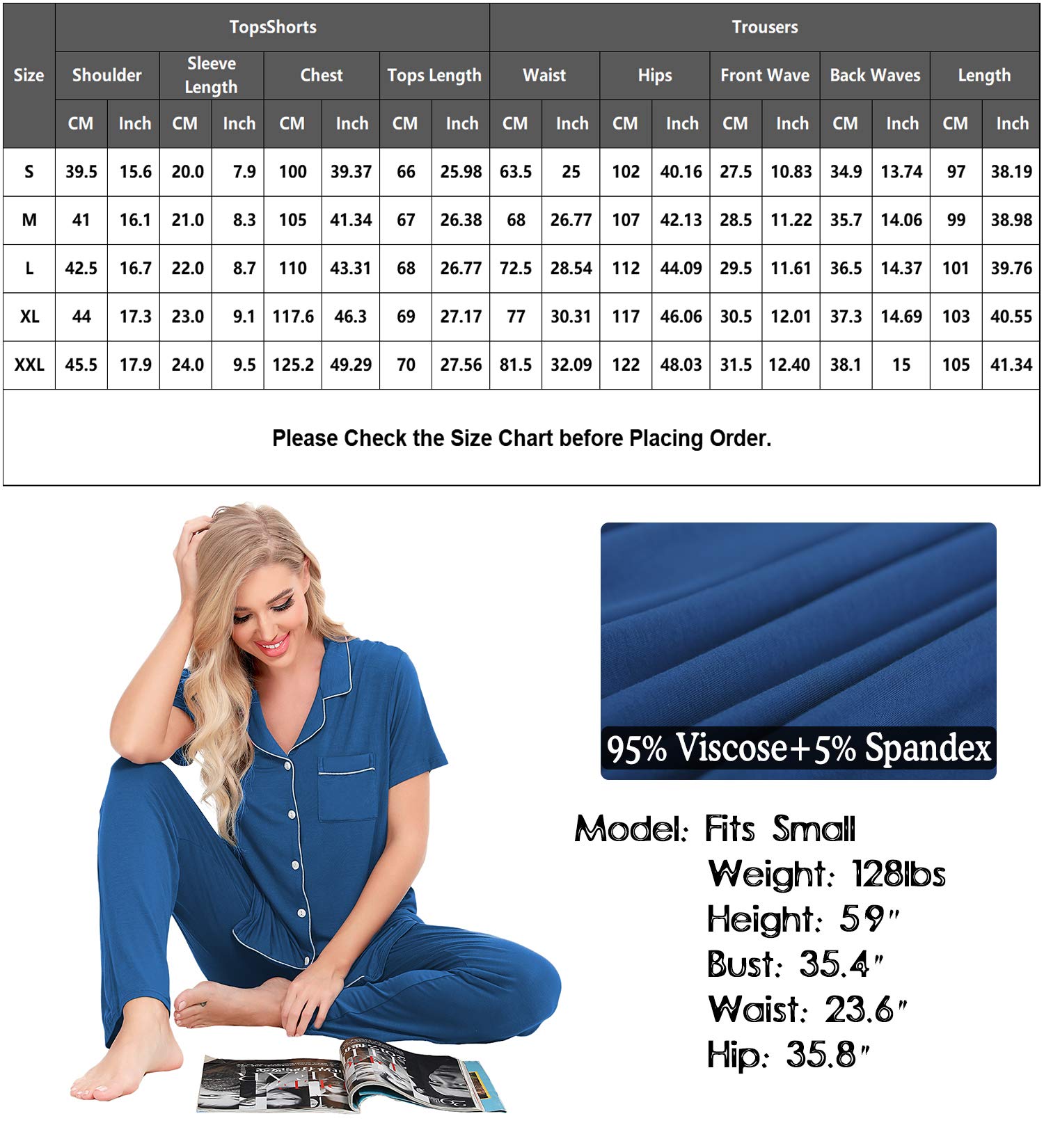 SWOMOG Women's 2-Piece Pajama Set - Soft Short Sleeve Button Down Sleepwear & Lounge Pants Set - Comfy Nightwear for Relaxing at Home, Sleepovers & Vacation