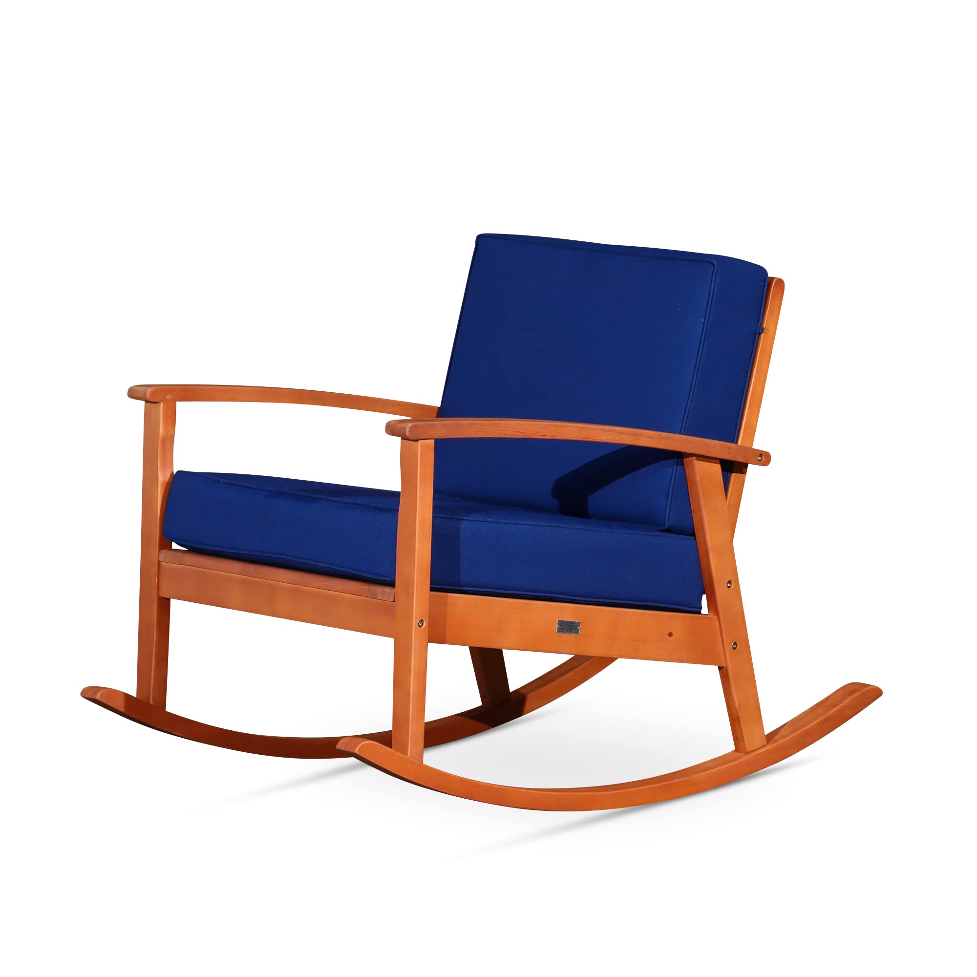 DTY Outdoor Living Longs Peak Deep Seat Eucalyptus Rocker - Natural Oil Finish, Navy Cushions | Patio Rocking Chair for Porch, Garden & Backyard Relaxation