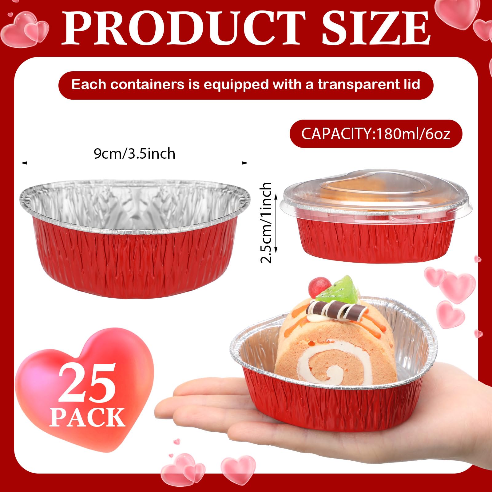 Honeydak 25-Pack Heart Shaped Cake Pans - 4 Inch Aluminum Foil Baking Cups with Lids (6 oz/180 ml) - Disposable Mini Heart Cake Liners for Valentine's Day, Weddings & Anniversaries - Perfect for Cupcakes, Desserts & Party Treats