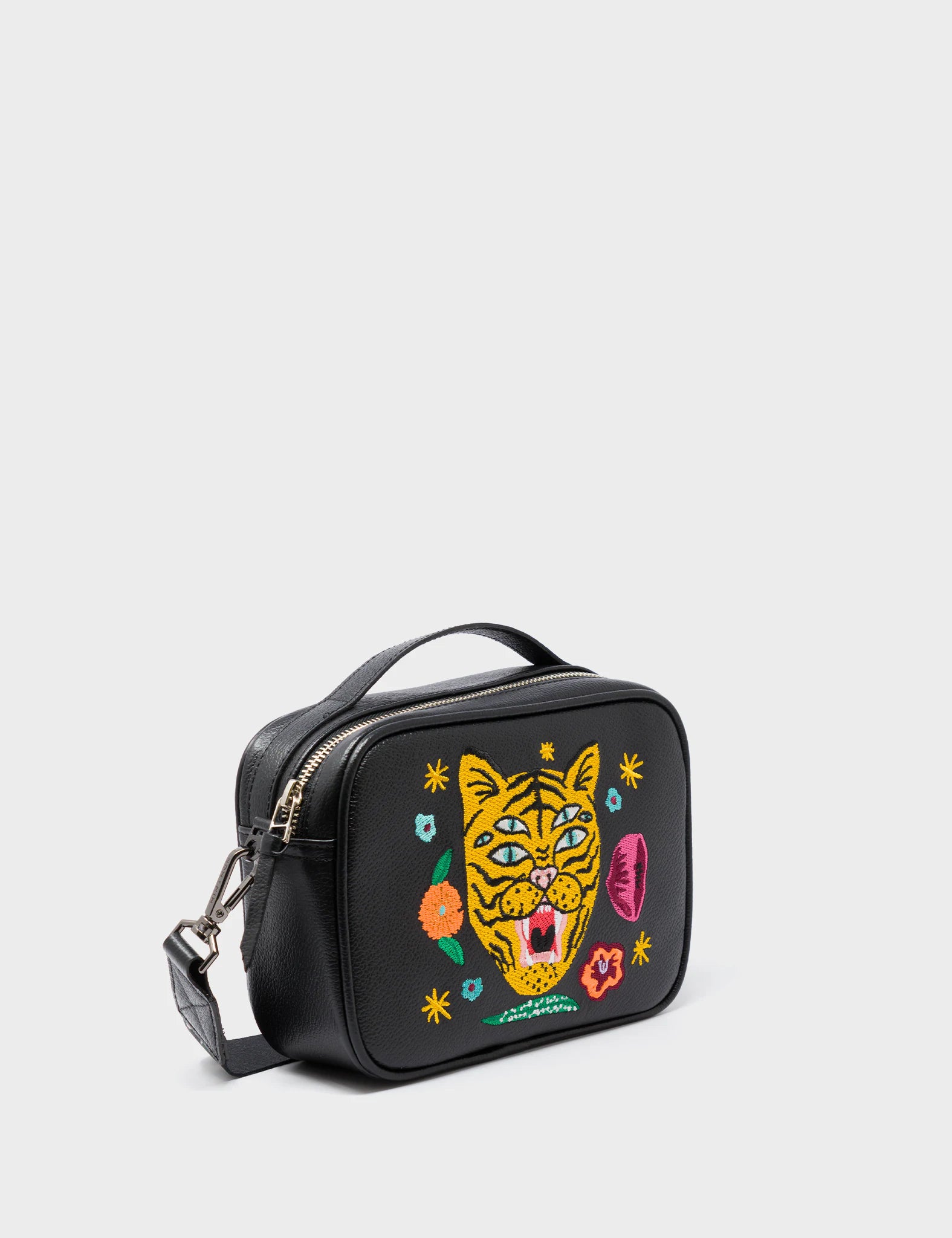 Verto Black Leather Crossbody Bag with Tiger and Flowers Embroidery - Stylish Women's Purse for Daily Use, Travel & Shopping