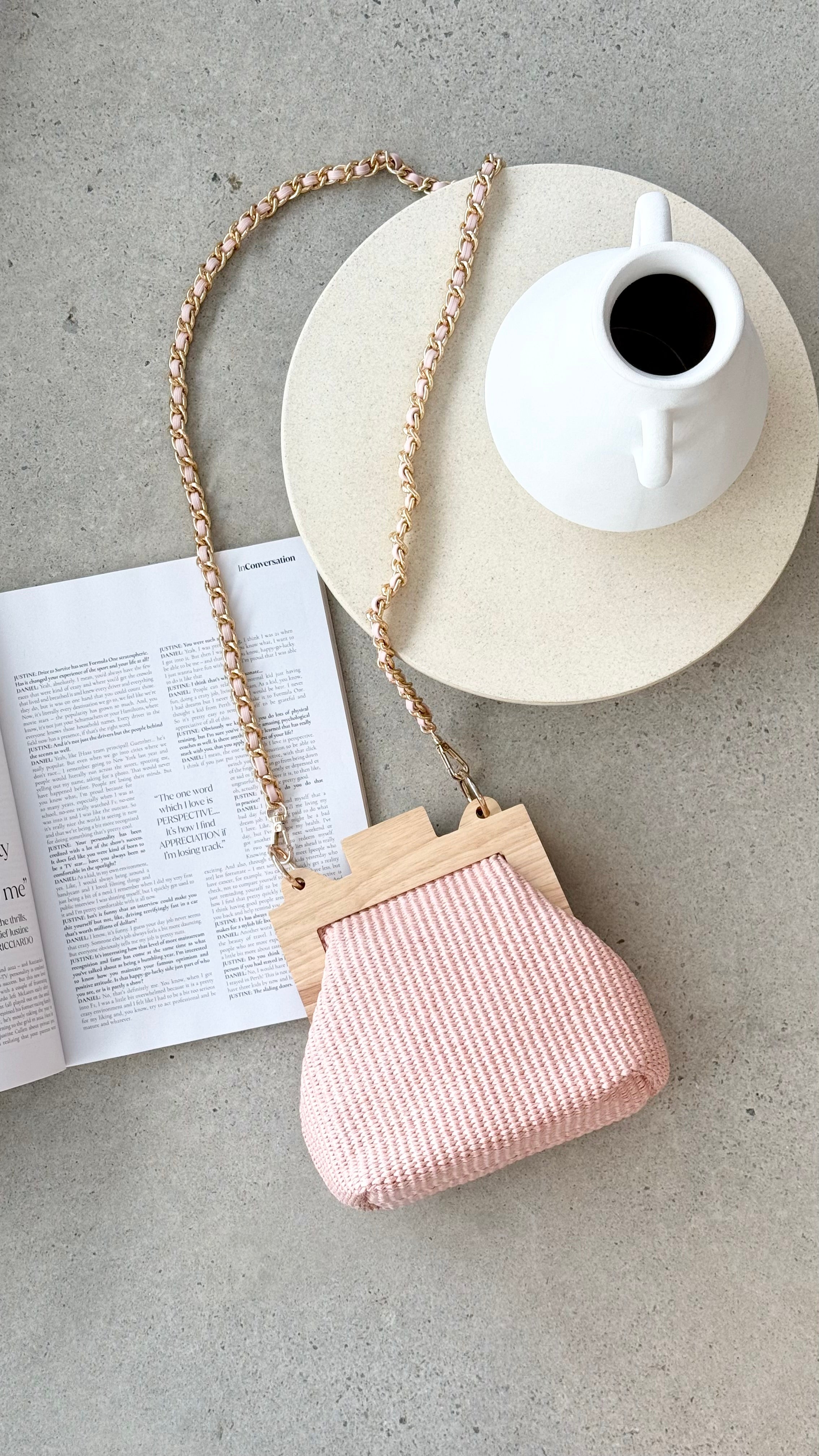 Abby Timber Frame Woven Mini Crossbody Bag in Pale Pink | Stylish & Lightweight for Women | Perfect for Parties, Dates & Everyday Use
