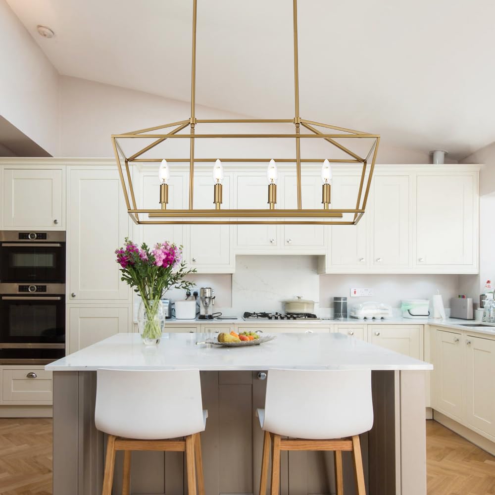 4-Lights Golden Pendant Light Fixtures - Adjustable Height Modern Lantern Linear Chandelier for Dining Room Ceiling Lighting | Perfect Hanging Light Over Kitchen Island, Breakfast Bar or Dining Table