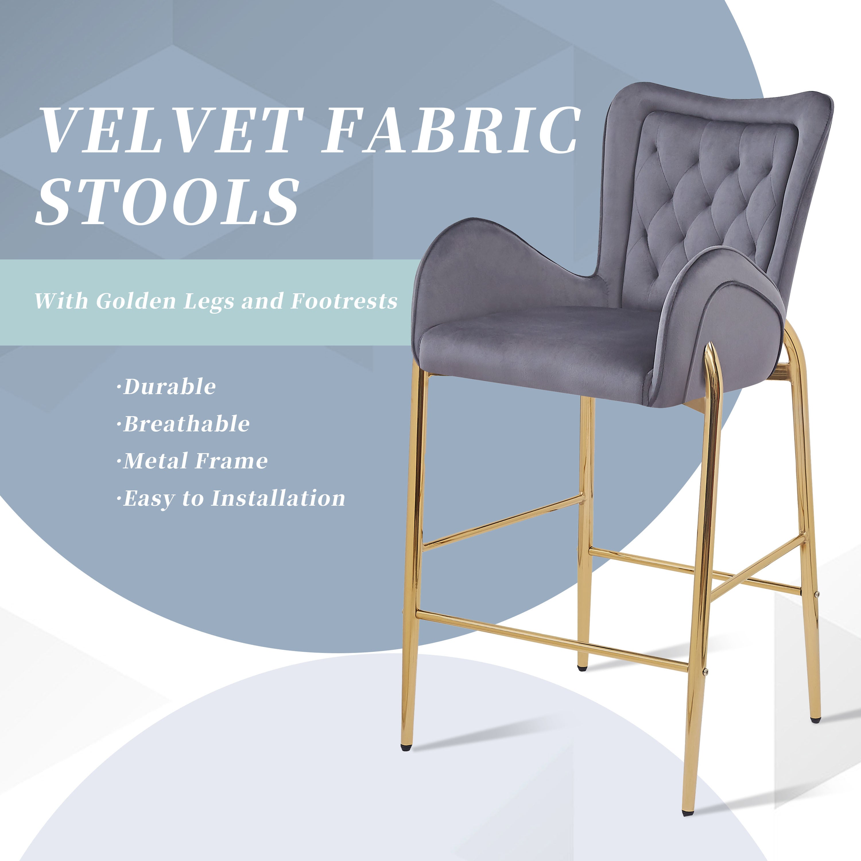 28.75 Inch Counter Height Bar Stools Set of 2 - Velvet Upholstered Bar Chairs with Golden Metal Legs - Perfect for Kitchen Island, Breakfast Nook & Home Bar Decor