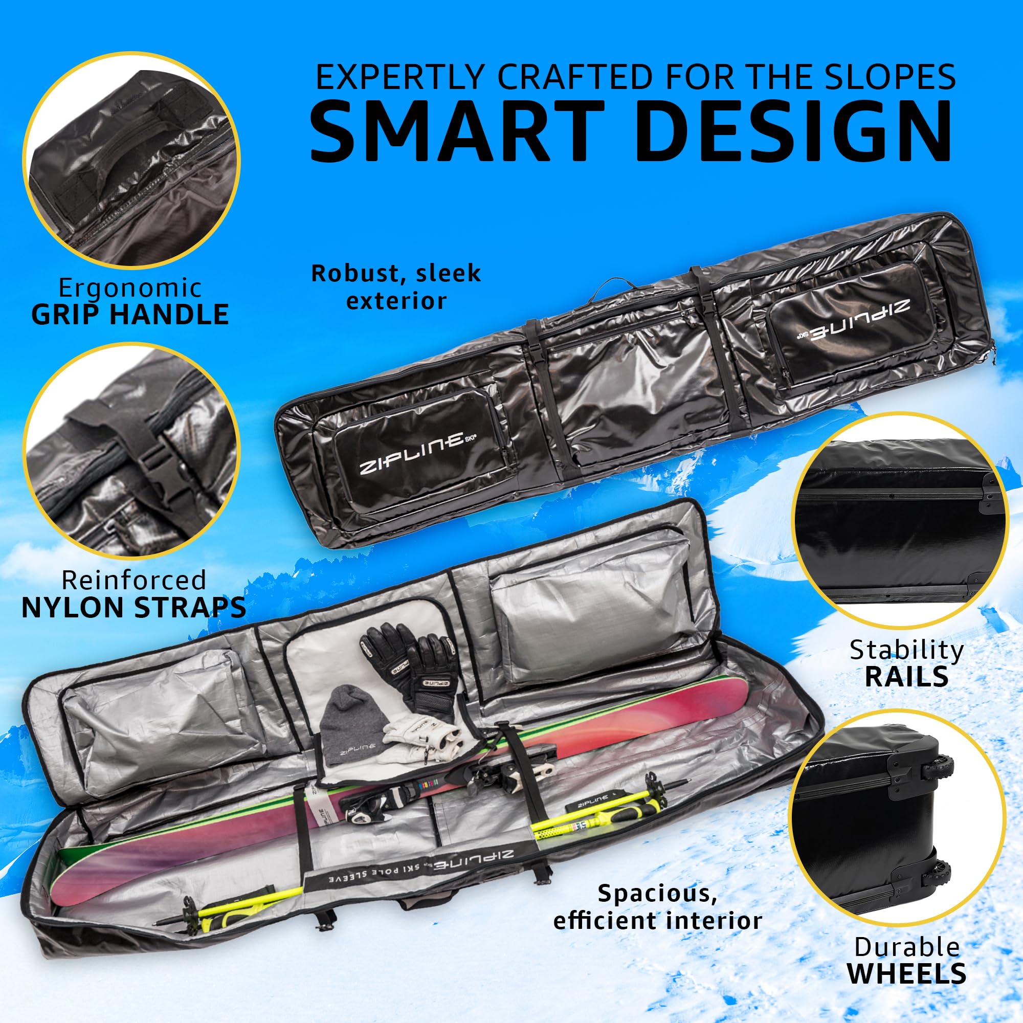 **Double Ski Bag with Wheels - 180/200cm Waterproof Ski & Snowboard Travel Bag for Gear Storage - Durable & Lightweight for Air Travel - Perfect for Ski Trips & Winter Vacations - 3-Year Warranty**