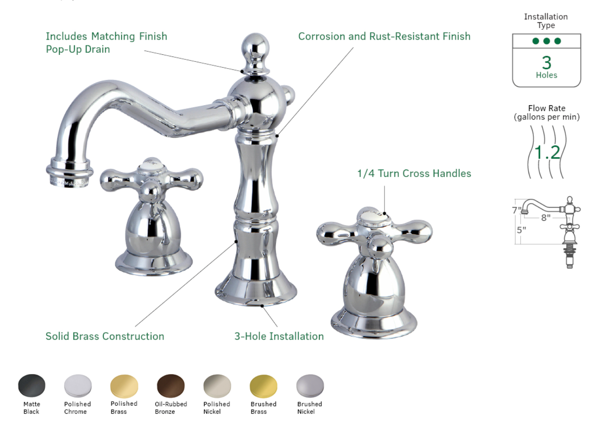 Heritage 8 Inch Widespread Bathroom Faucet with Cross Handles - Classic Design for Vanity Sinks, Perfect for Traditional and Modern Bathrooms