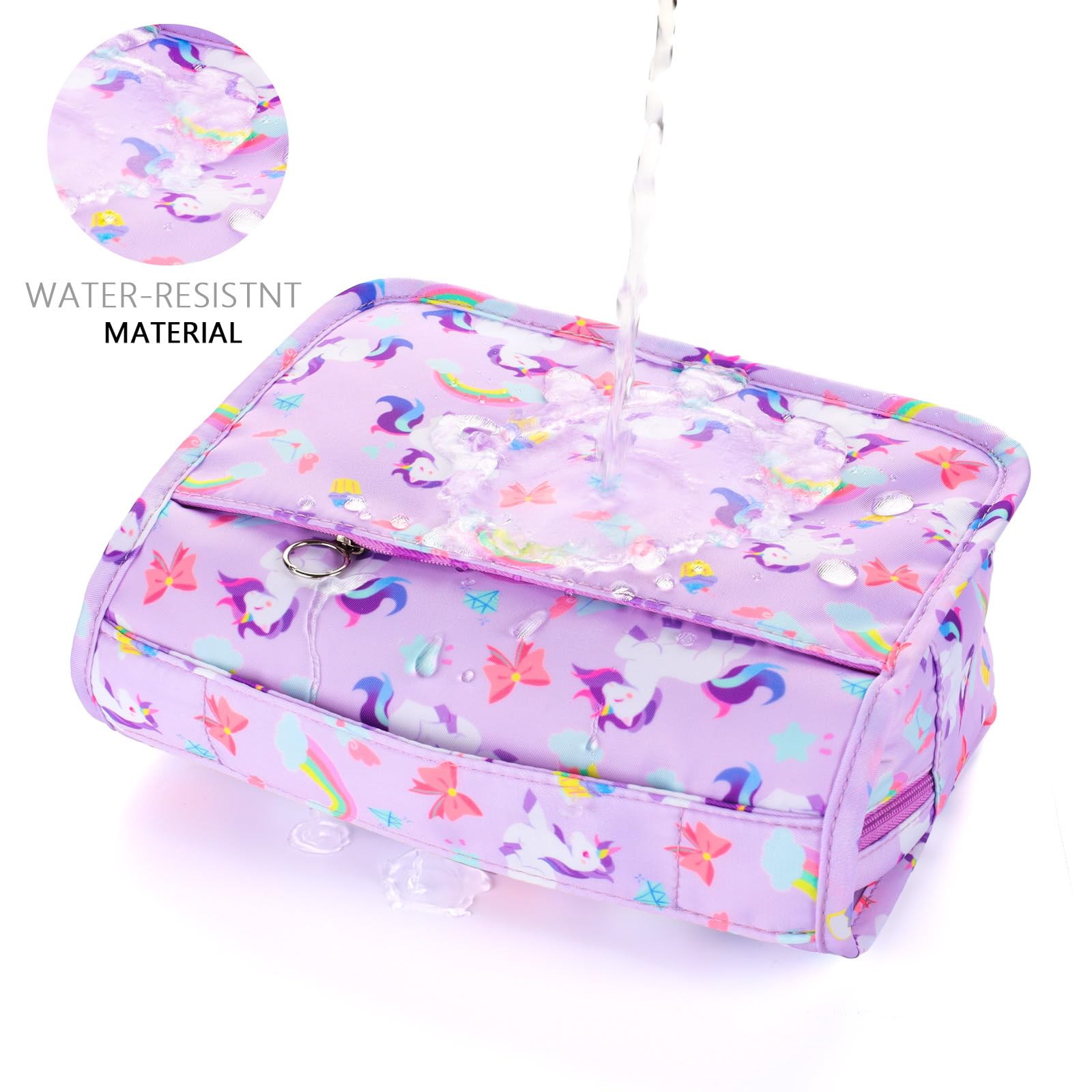 Unicorn Purple Waterproof Kids Hanging Toiletry Bag for Girls - Travel Cosmetic & Makeup Organizer - Perfect for Toddler Travel, Camping & Sleepovers