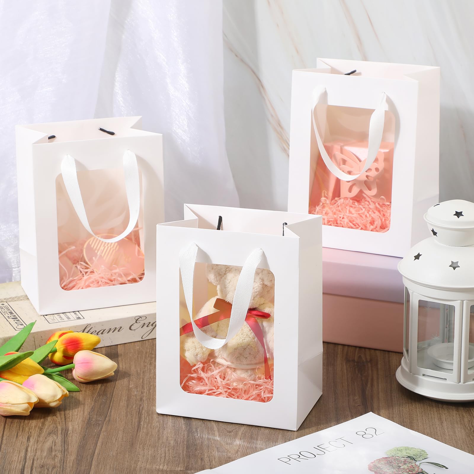 Harloon 48-Piece Kraft Paper Gift Bags with Clear Window - 7.9 x 5.9 x 3.9 Inches, White - Perfect for Bridal Showers, Baby Showers, Birthday Parties & Mother's Day Gifts | Eco-Friendly Party Favors & Wedding Favor Bags