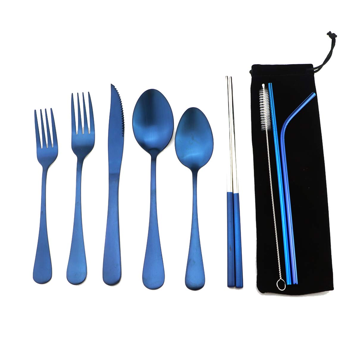 Eco-Friendly Blue Reusable Utensil Set with Travel Case - Stainless Steel Camping Cutlery Kit (Knife, Fork, Spoon, Straw & Chopsticks) - Matte Finish Flatware for Outdoor Picnics, Office Lunches, Hiking & School Meals - Perfect for Camping, Travel & Sustainable Dining