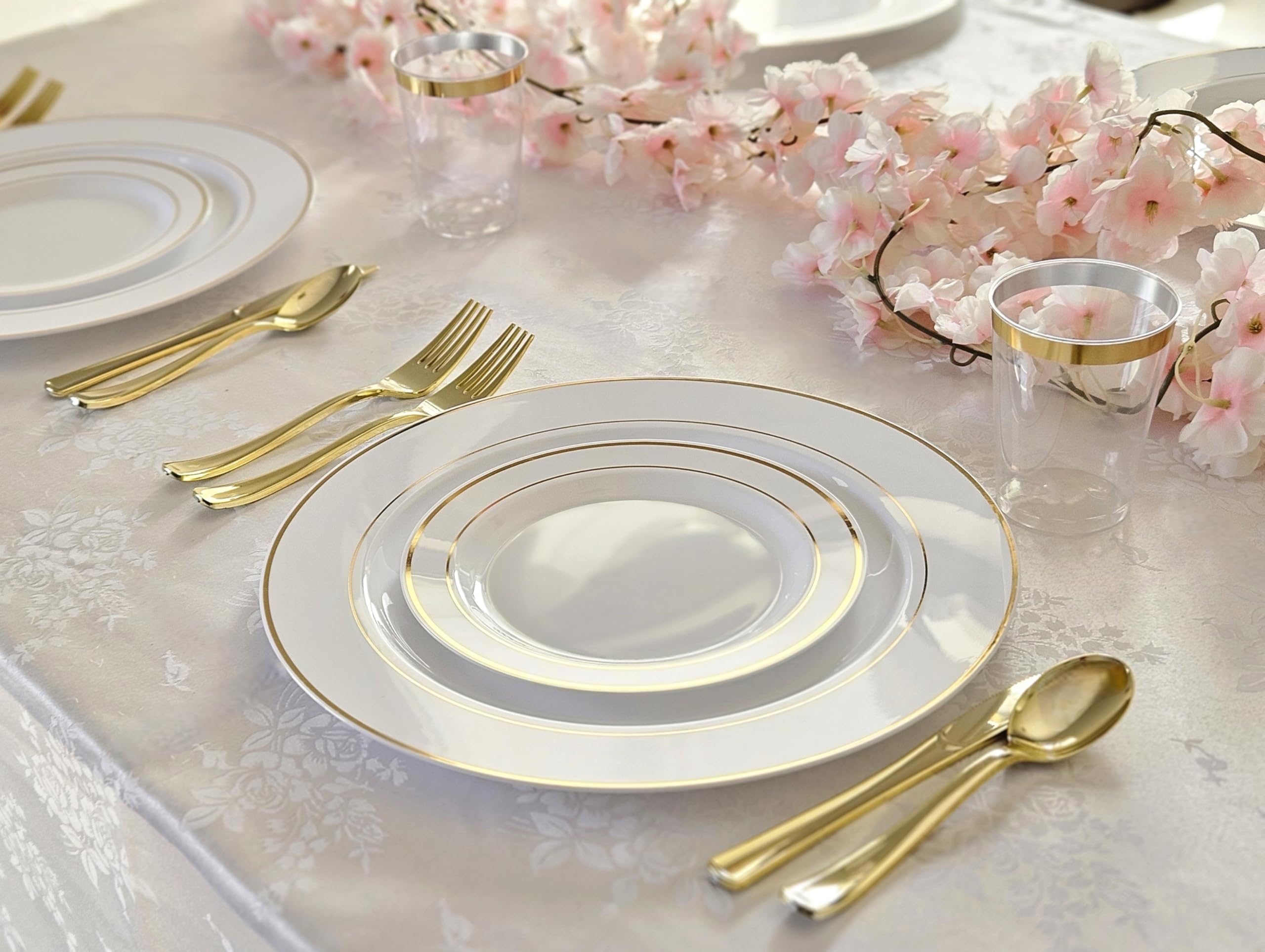 60-Pack Heavyweight Disposable Plastic Plates for Weddings & Parties - 10.5'' Elegant White Dinner Plates with Gold Rim - Perfect for Bridal Showers, Birthday Celebrations & Catering Events