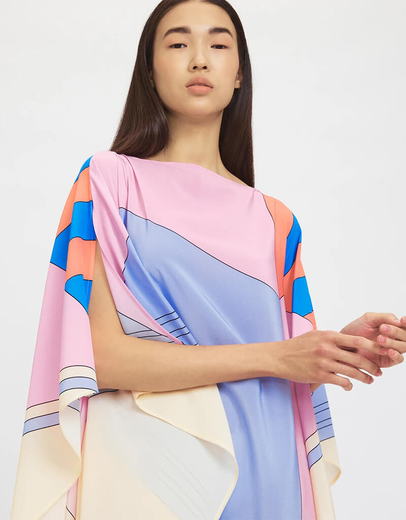 Luxury Soft Silk Crepe Kaftan Dress for Women - Elegant Beige & Violet Flowy Maxi Cover Up - Perfect for Beach, Vacation, and Summer Evenings