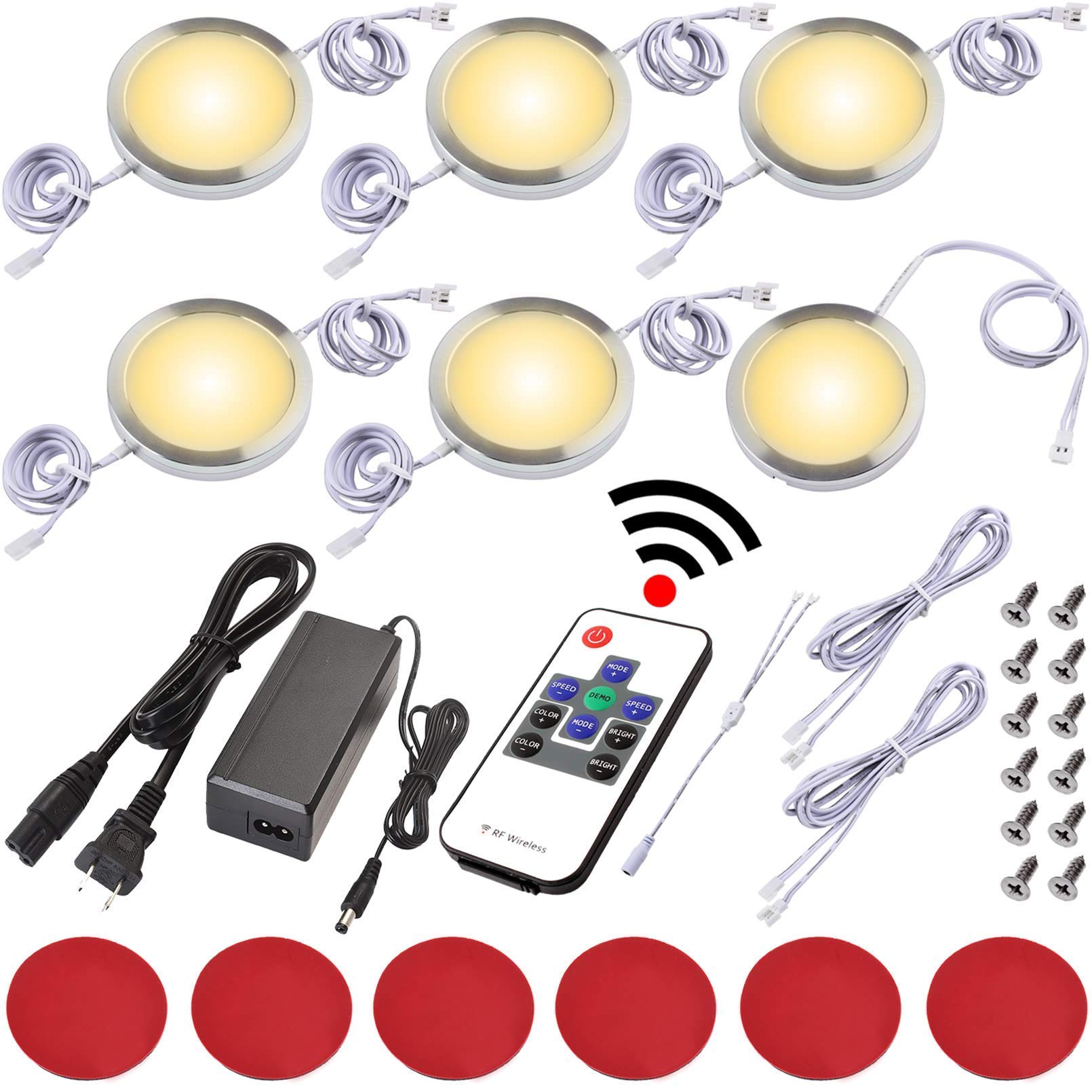 Under Cabinet Lighting Kit - Dimmable Wireless RF LED Puck Lights with AC/DC Adapter, Hardwired or Plug-in (6/12 Lights, Warm White) - Perfect for Kitchen, Closet, and Shelf Illumination