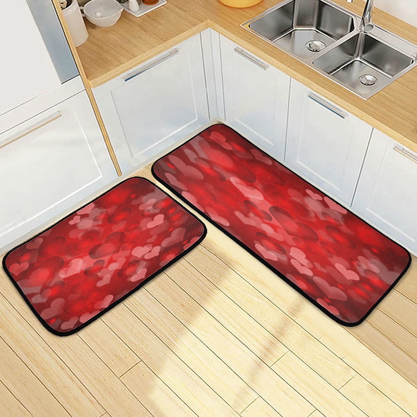 Valentine's Day Heart-Shaped Non-Slip Kitchen Rugs Set of 2 - Romantic Red Rose Flower Design Soft Floor Mats for Kitchen, Laundry, Entryway & Home Decor - Perfect Gift for Couples & Home Lovers