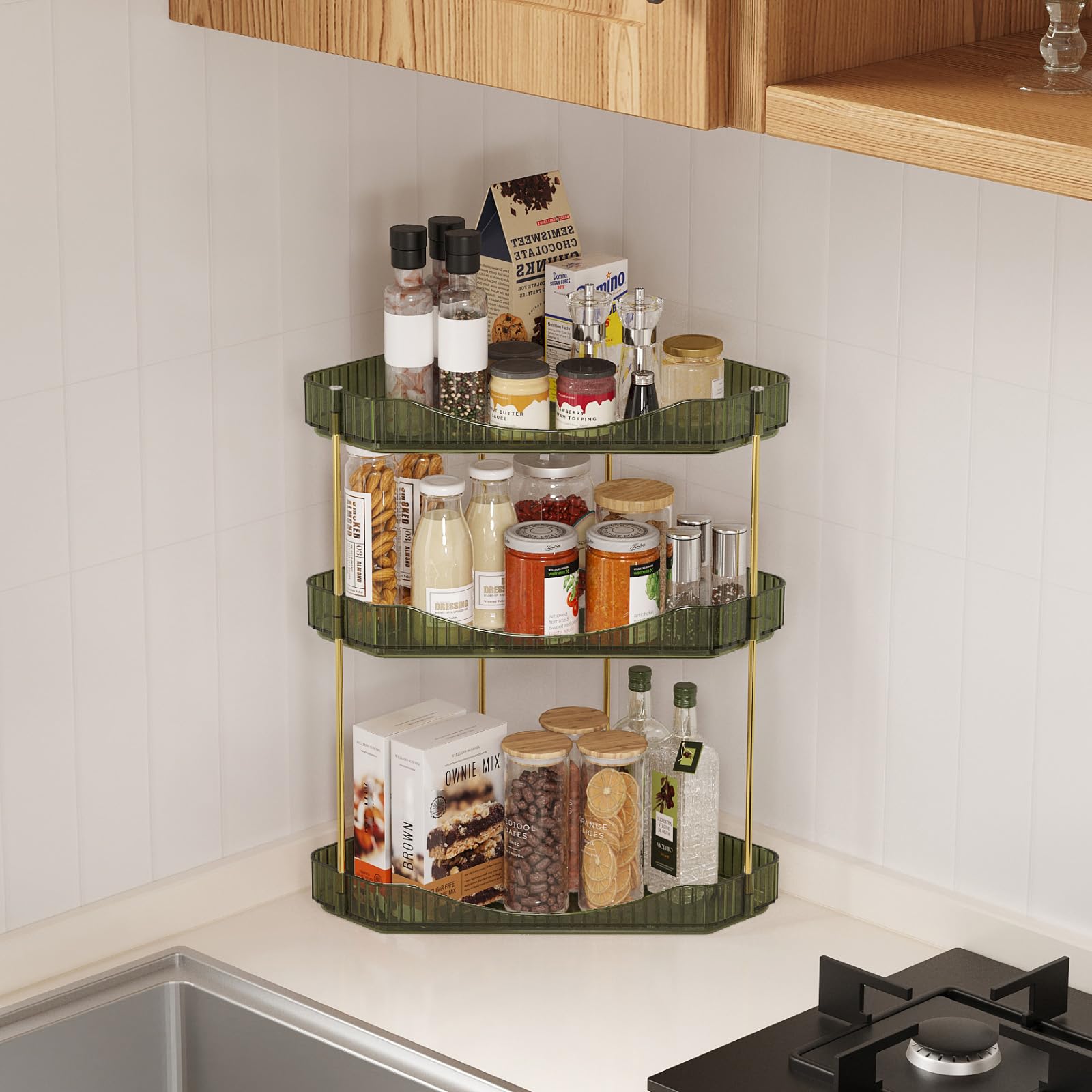 3-Tier Corner Bathroom Organizer - Plastic Makeup & Skincare Storage Shelf for Countertop, Sink Vanity - Perfect for Cosmetics, Perfumes in Bedroom, Dresser, Kitchen - Space-Saving Green Organizer for Bathroom & Home Decor