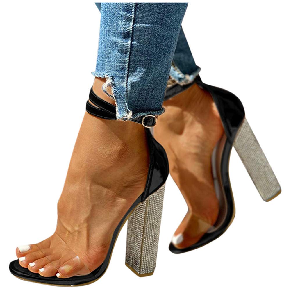 Sexy Women's High Heel Pumps with Rhinestone Ankle Strap - Chunky Block Heel Dress Shoes for Party, Wedding & Evening Events - Comfortable Sandals for Women