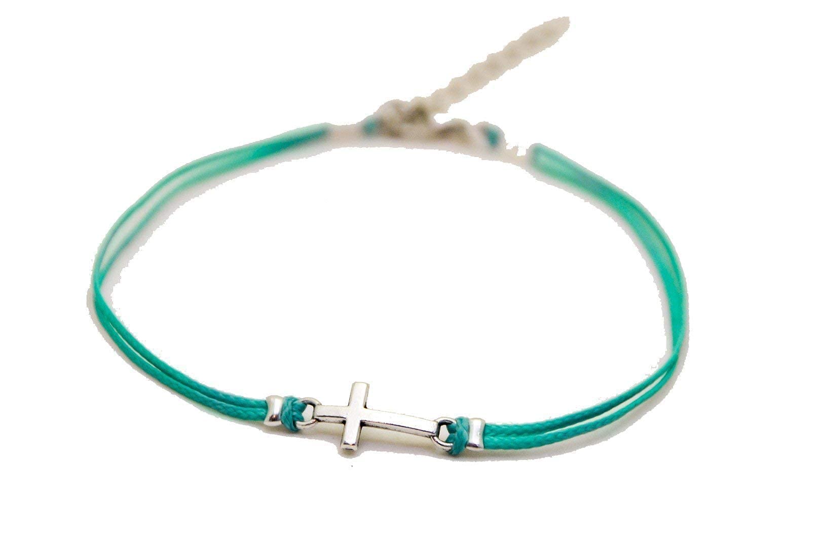 Silver Cross Anklet - Christian Catholic Ankle Bracelet with Turquoise Cord, Religious Jewelry Gift for Her, Bridesmaids, Baptism & Wedding