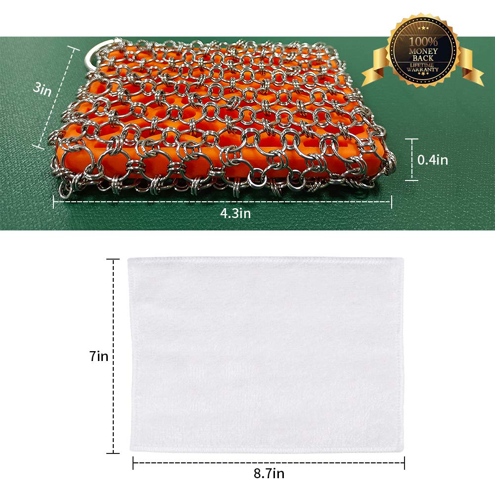 Premium 316L Stainless Steel Chainmail Scrubber for Cast Iron Pans - Flexible & Durable Cast Iron Cleaner for Skillets, Pots, Griddles - Rust-Free Scouring Pad for Kitchen Cookware (Great for Camping & Outdoor Cooking)