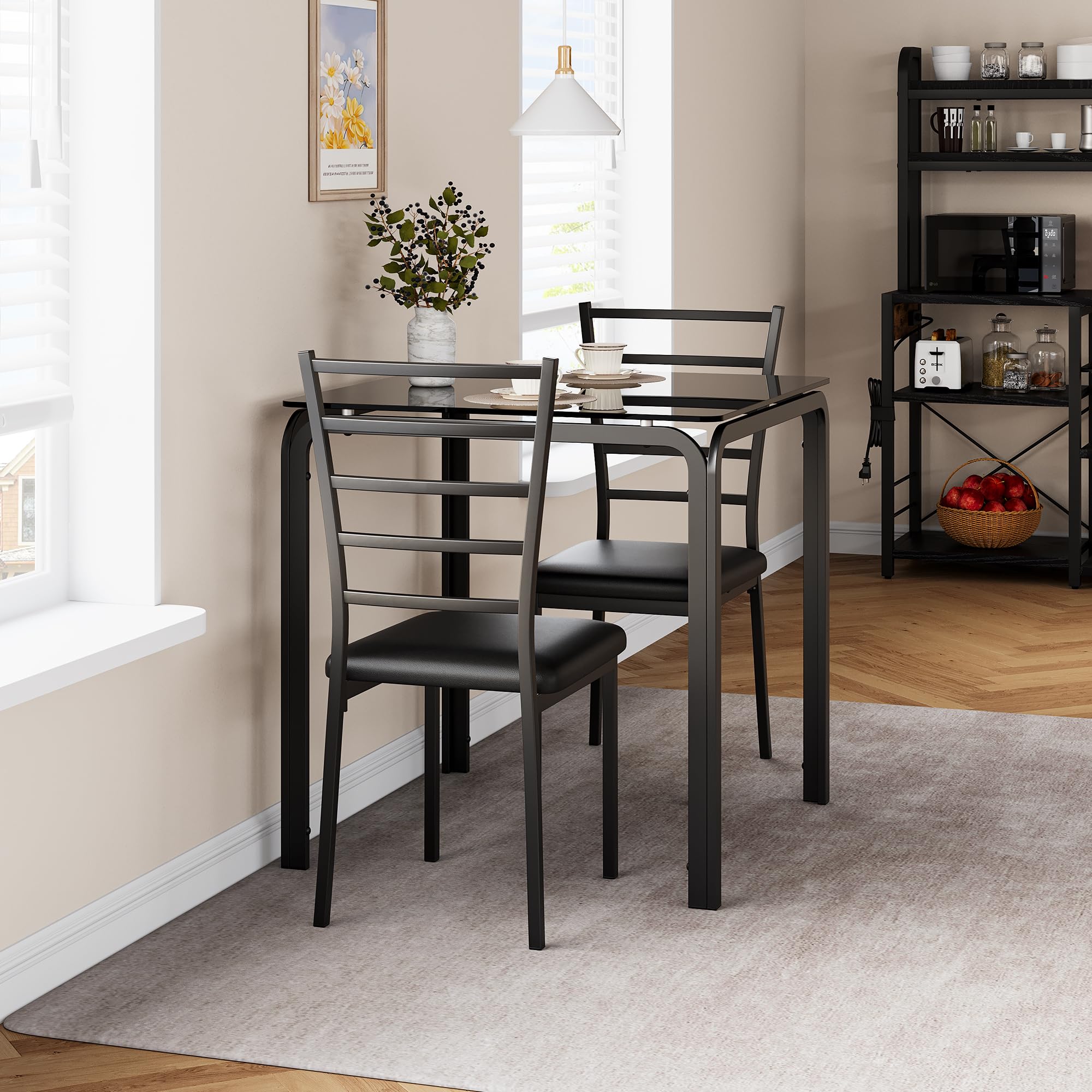 IDEALHOUSE 3-Piece Square Glass Dining Table Set for 2 - Compact Kitchen & Dinette Set with 2 Chairs - Perfect for Small Spaces, Apartments & Breakfast Nooks