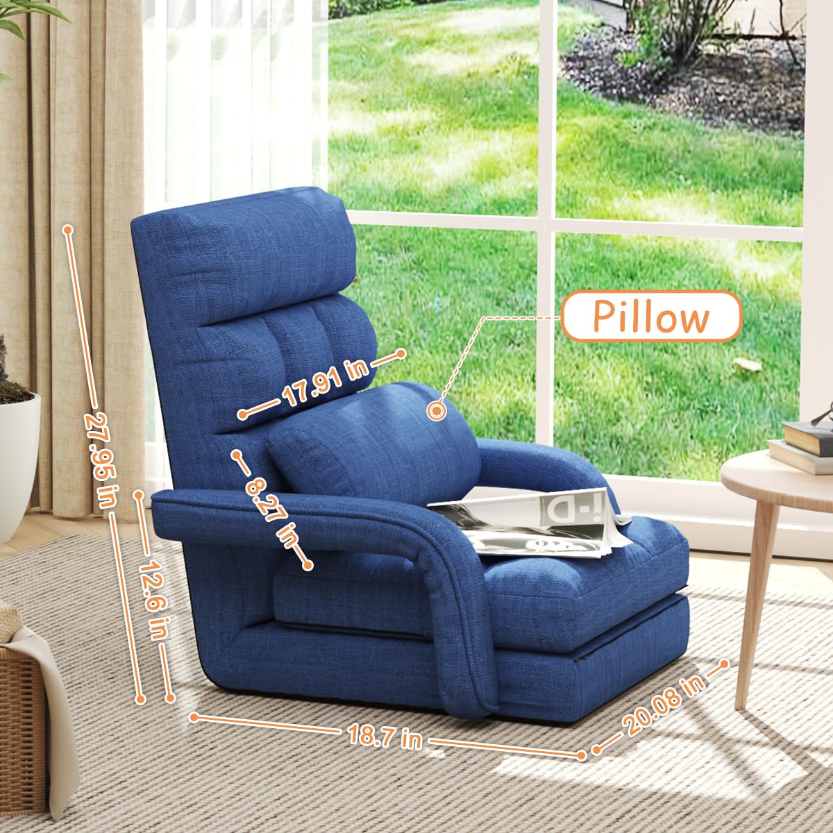 6-Position Adjustable Floor Gaming Chair with Pillow & Armrests - Foldable Padded Chaise Lounge for Teens, Adults & Pets - Perfect for Meditation, Relaxing & Gaming - Blue