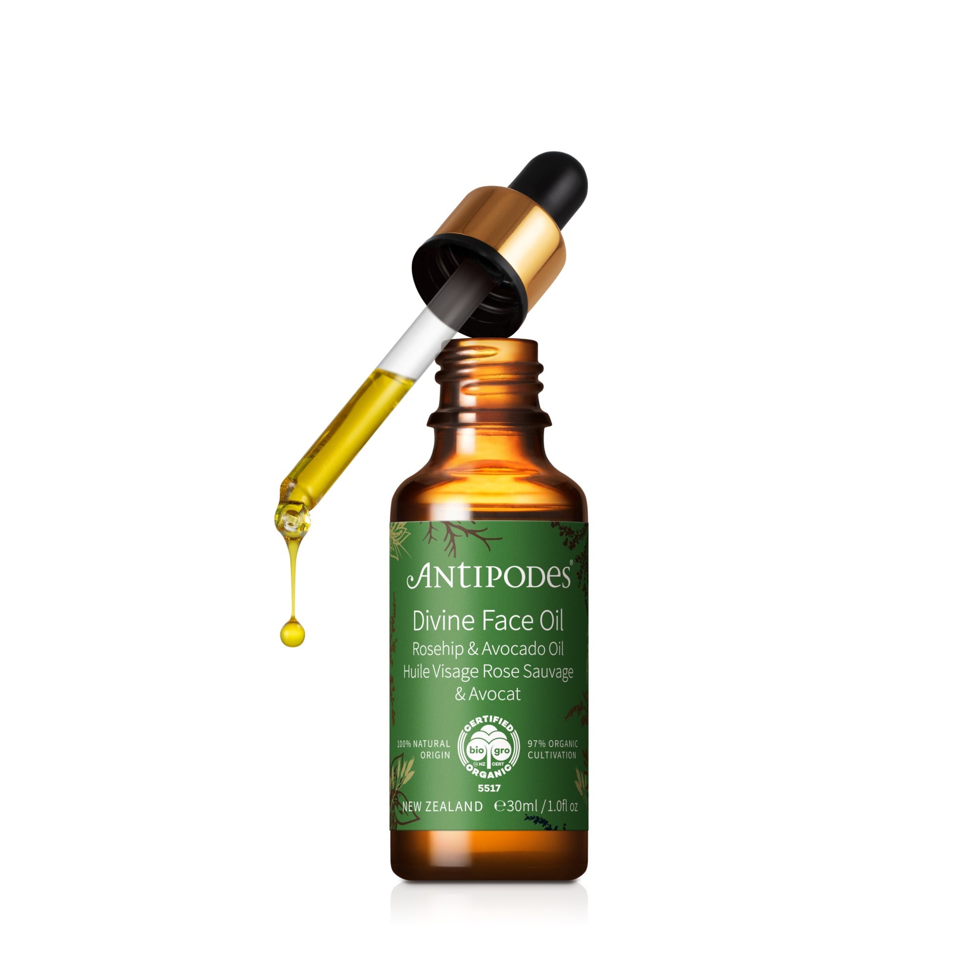 Antipodes Organic Divine Face Oil with Avocado & Rosehip - Hydrating & Anti-Aging Facial Treatment for Dry Skin - Perfect for Night Routine & Daily Skincare
