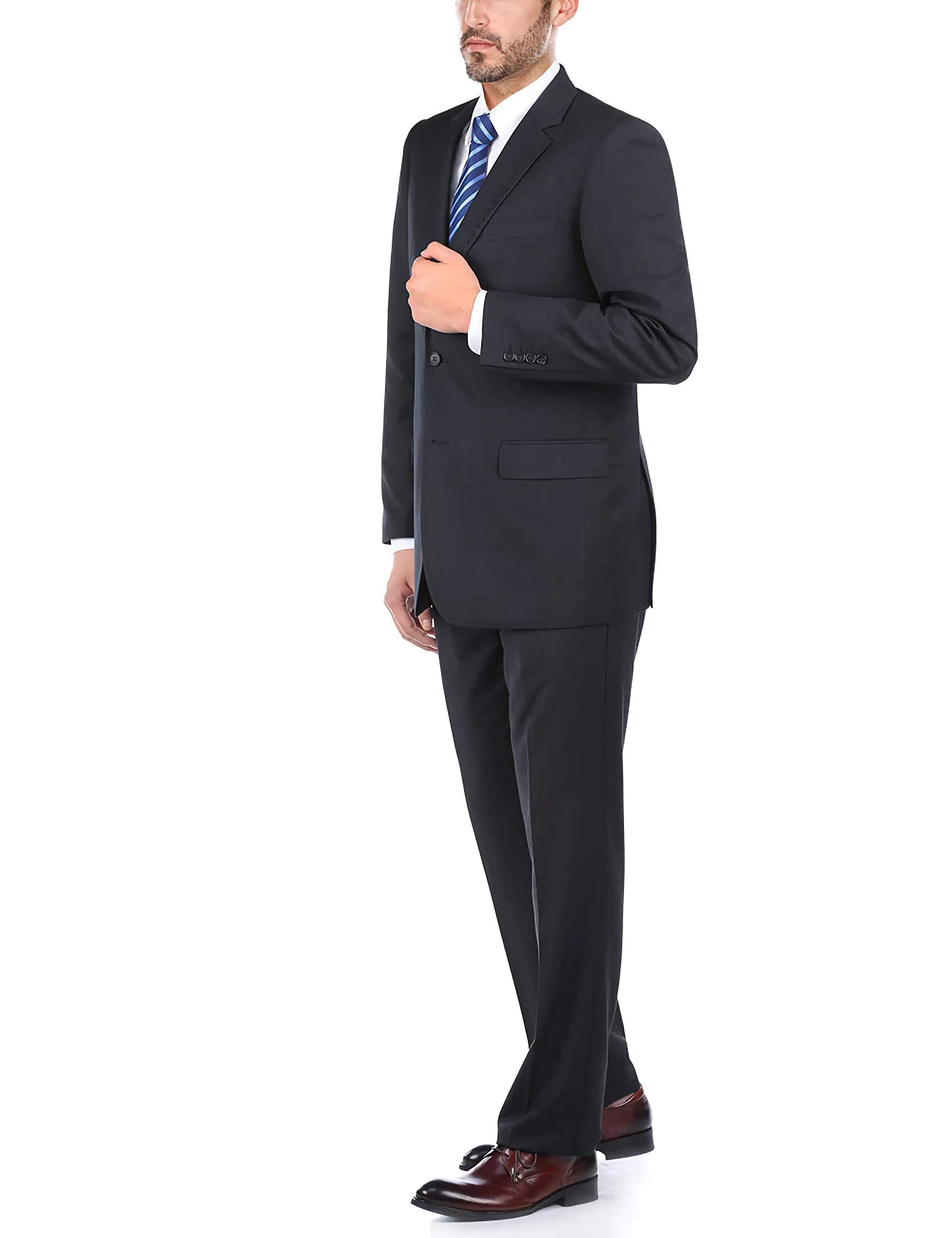 Premium Navy Blue 100% Virgin Wool 2-Piece Suit for Men - Classic Regular Fit with Pick Stitch Detail & 2-Button Jacket - Perfect for Business Meetings, Weddings & Formal Occasions