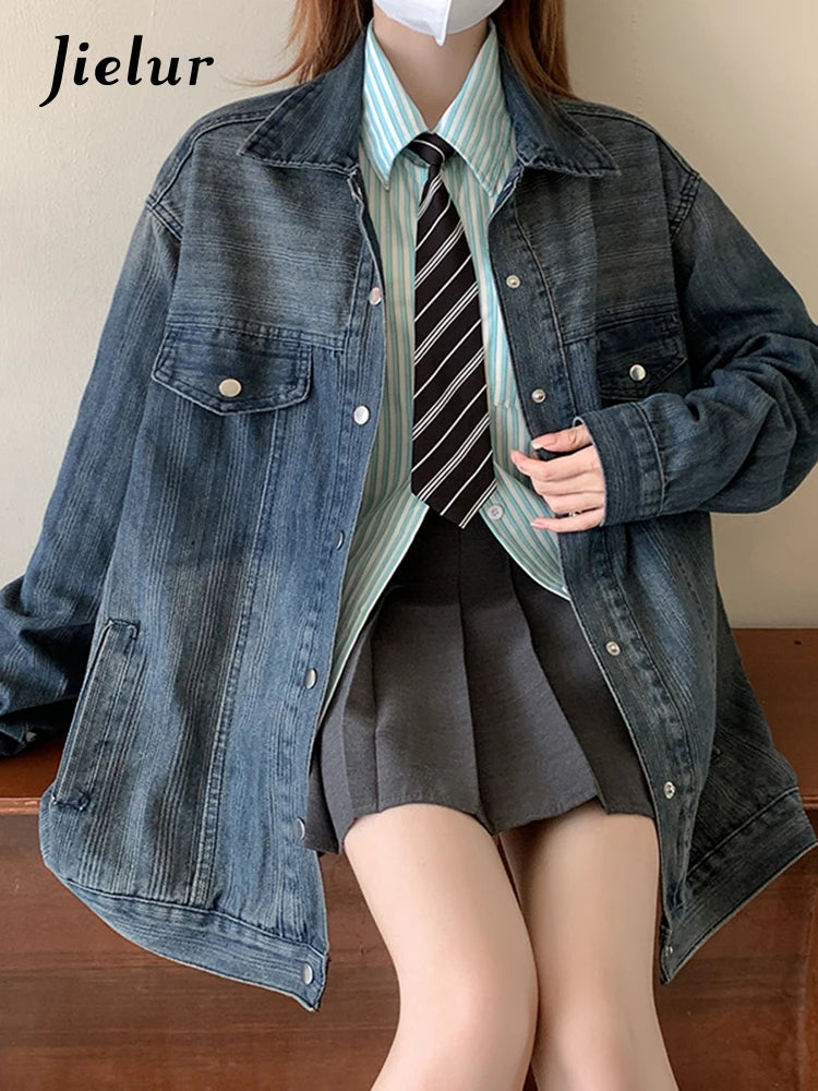 Vintage Striped Denim Jacket for Women - Autumn Long Sleeve Loose Fit Single Breasted Coat with Lapel, Streetwear Gradient Top (S-XL) | Casual Outing, Fall Fashion, Boho Style