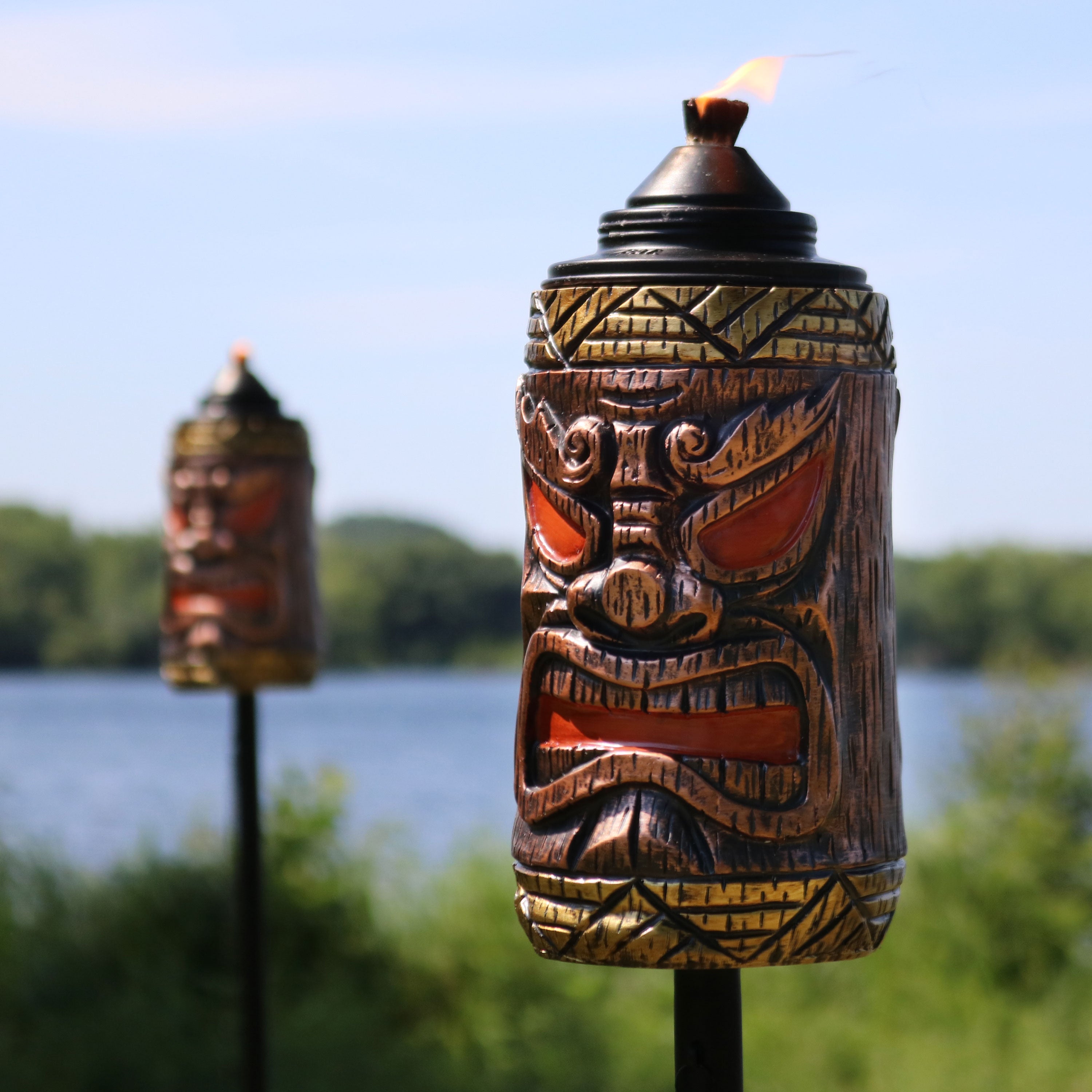 Sunnydaze 3-in-1 Tiki Face Outdoor Patio Torch - Decorative Garden Lighting for Backyard, Poolside & Tropical Party Decor
