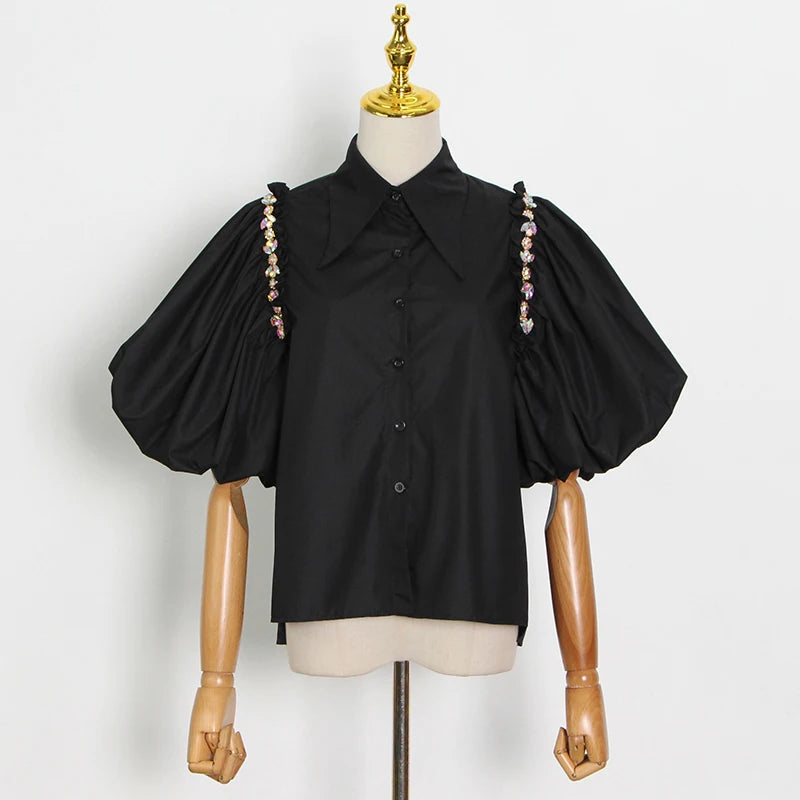 Stylish Black Casual Shirt for Women - Lapel Lantern Sleeve Patchwork Diamond Design Blouse | Perfect for Office, Dating & Everyday Wear