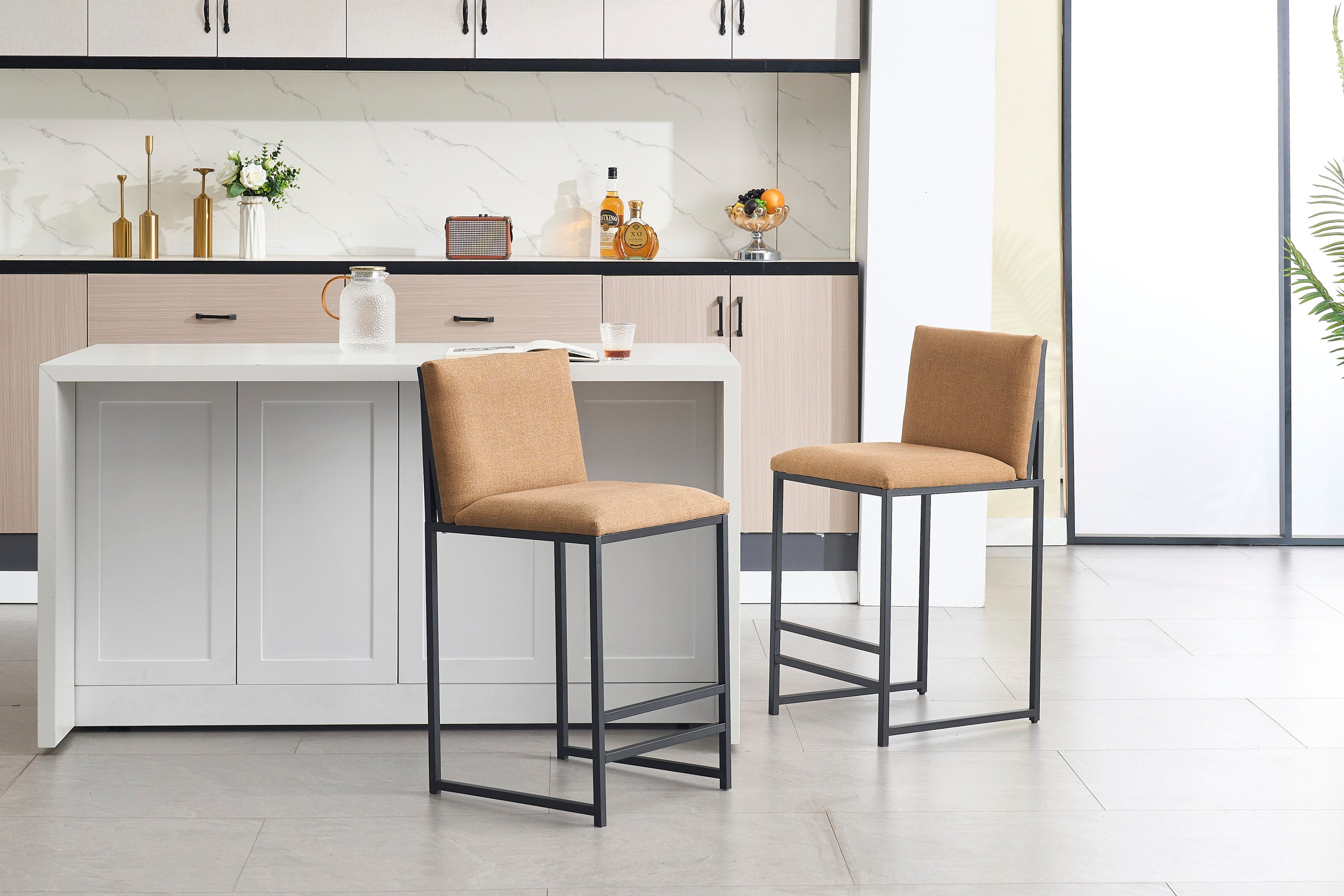 2-Pack Counter Height Bar Stools with Upholstered Linen Seats & Metal Footrest - Modern Kitchen Island Stools for Dining Room, Breakfast Nook, Coffee Shop or Home Bar (Black/Gray)