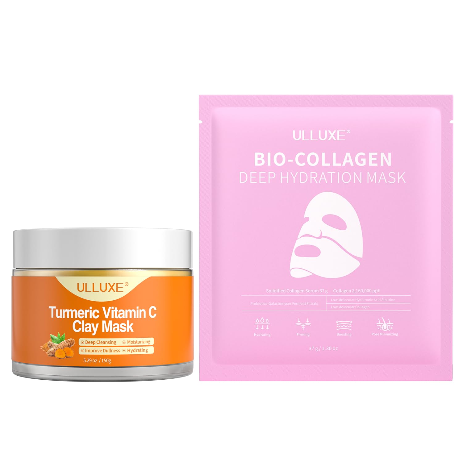 Turmeric Vitamin C Clay Mask & Deep Collagen Face Mask - Hydrating, Firming, Pore Cleansing Skincare for Dull & Dry Skin, Dark Spots | Natural Face Masks Gift Set for Spa Night & Self-Care Routine