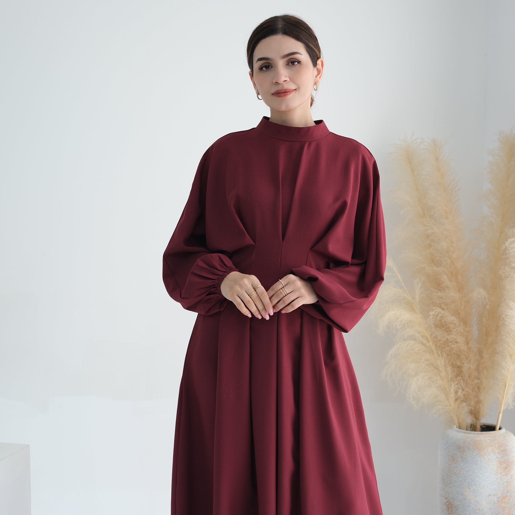 Madison Long Sleeve Maxi Dress for Women - Elegant Wine Red Flowy Formal Gown with Side Slits, Perfect for Weddings, Parties & Special Occasions