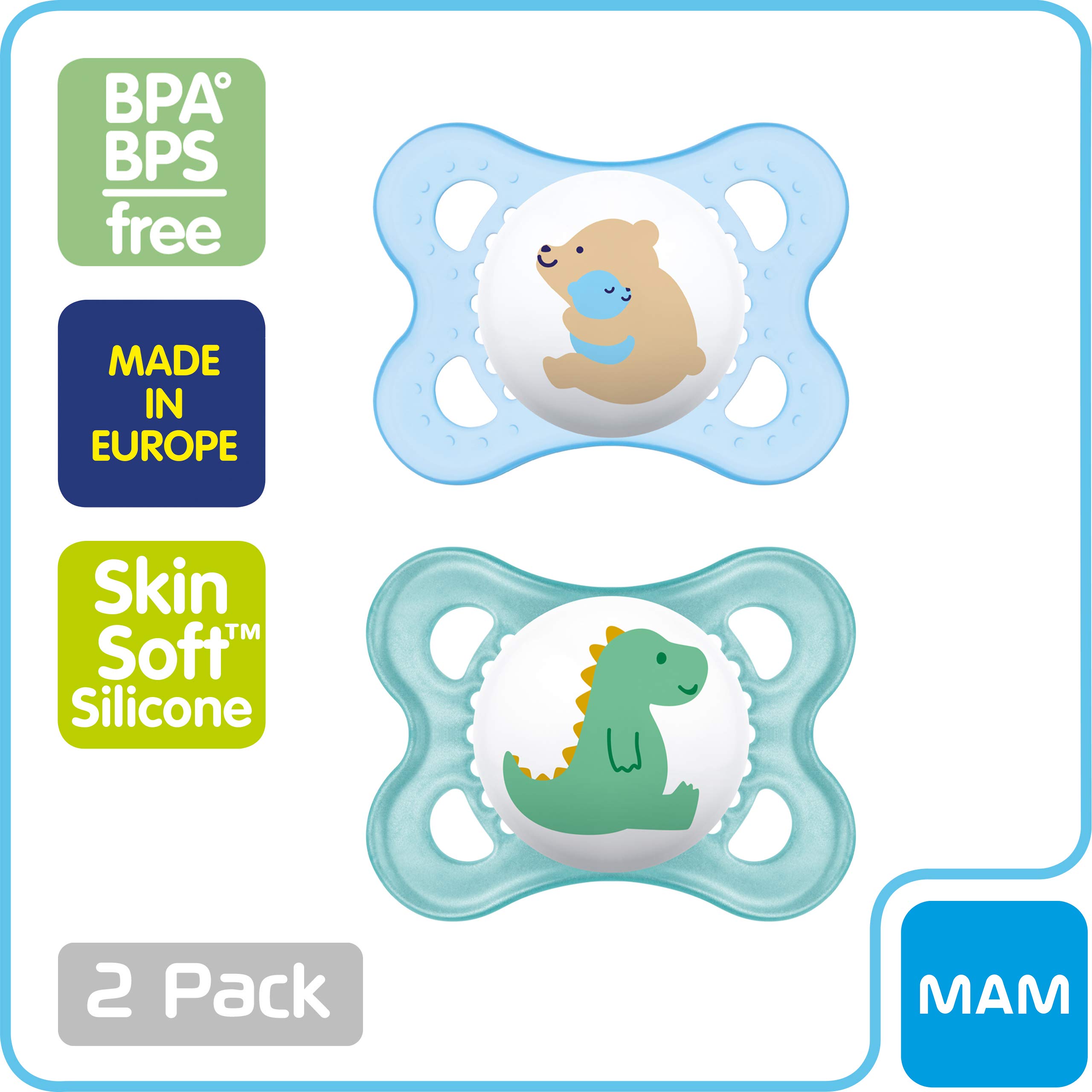 MAM Original Baby Pacifier for 0-6 Months - 2 Pack with Sterilizer Case | Orthodontic Nipple Design Promotes Healthy Oral Development | Perfect for Newborns, Daycare & Travel Use (Animal/Boy Design)