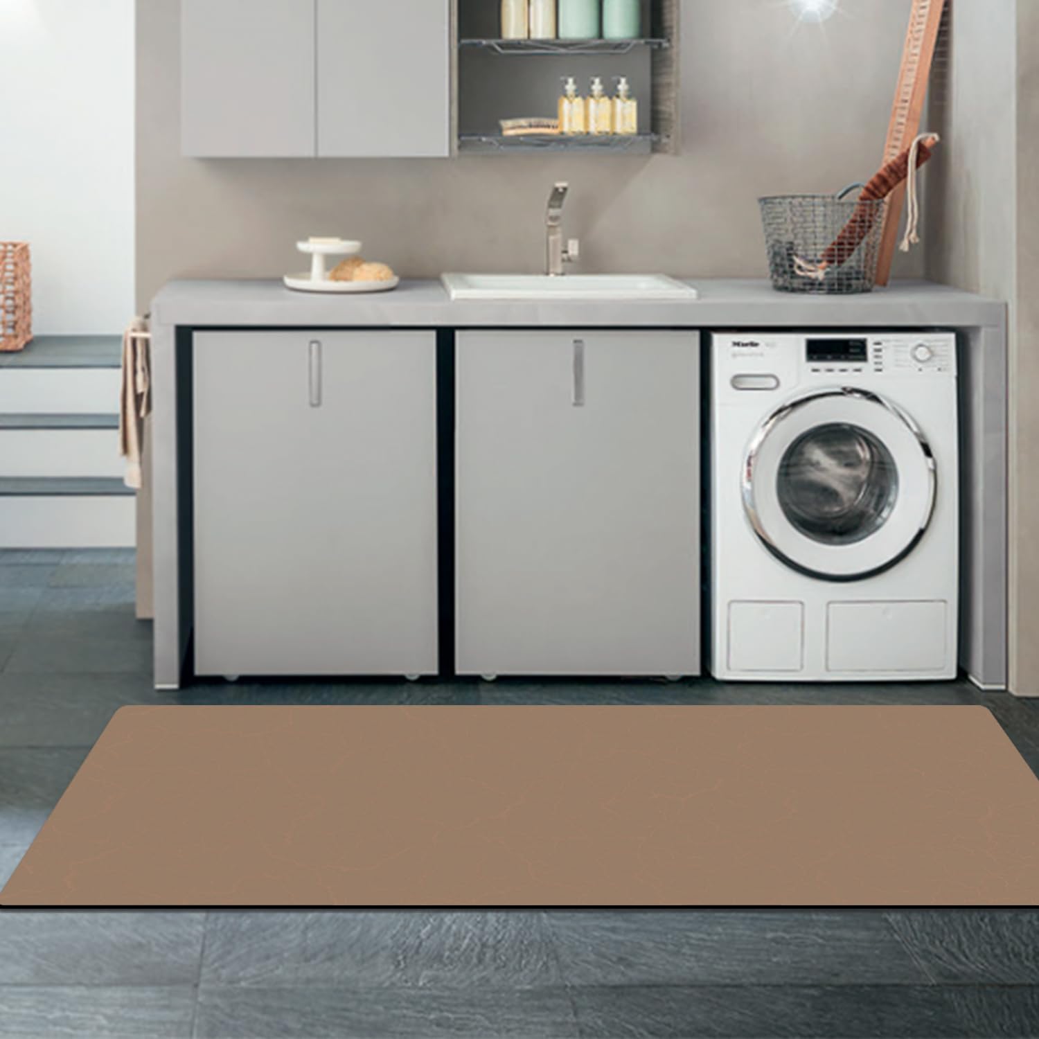 GOYLSER Super Absorbent Bath Mat - Non Slip Waterproof Bathroom Rug with Rubber Backing, Quick Dry Modern Floor Mat for Bathroom, Shower & Home Use - Tan Brown Carpet for Safety & Comfort
