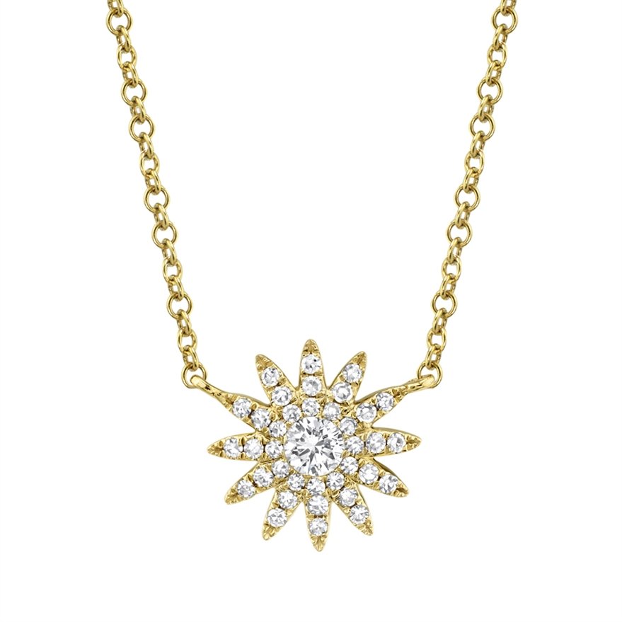 14Kt Gold 0.15 CTW Diamond Sunburst Pave Necklace - Elegant Layering Piece for Women, Perfect for Weddings, Anniversaries & Special Occasions