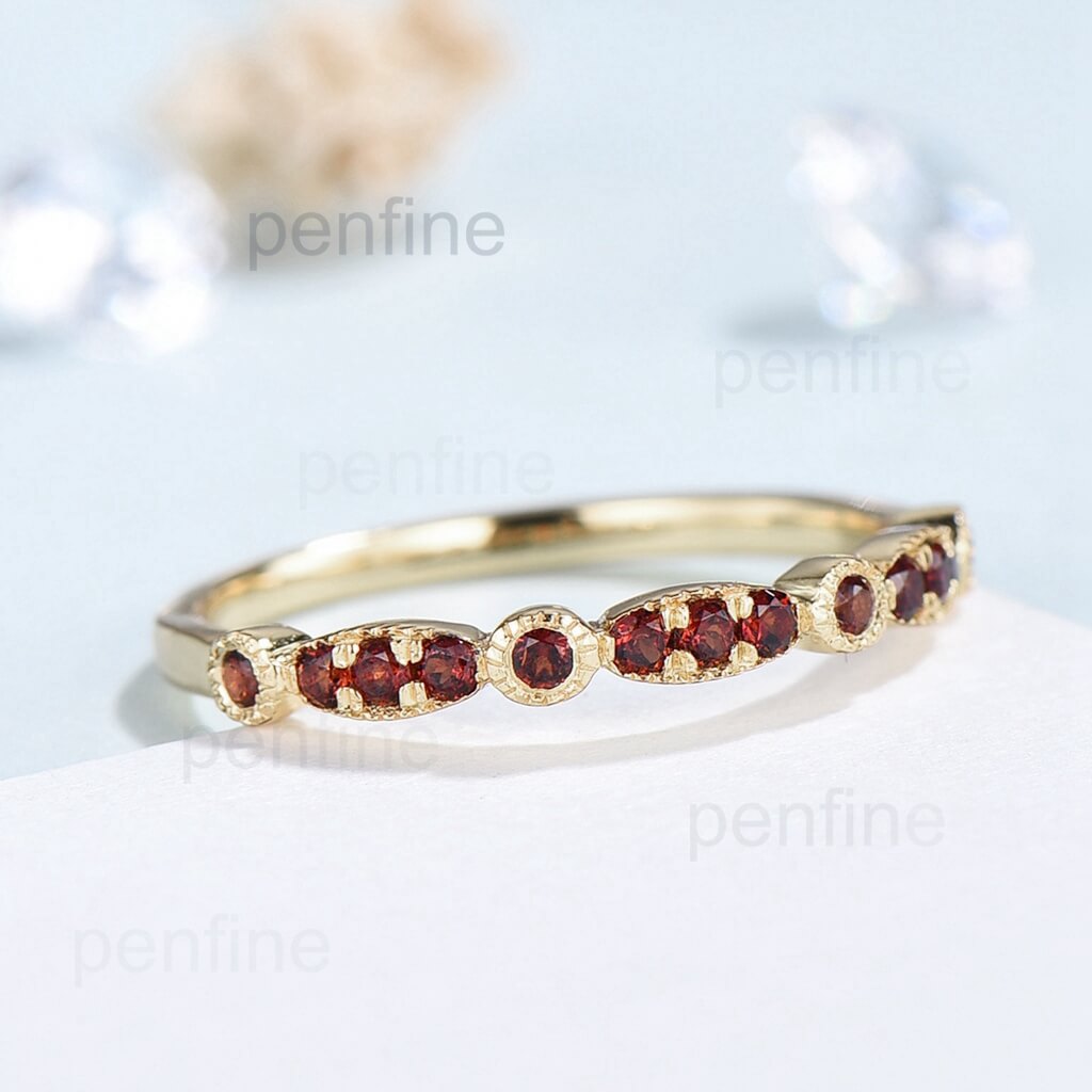 Art Deco Marquise Cut Garnet Wedding Band for Women - Solid 10K 14K 18K Yellow Gold Stackable Ring - Elegant Bridal Jewelry for Engagement, Anniversary & Everyday Wear