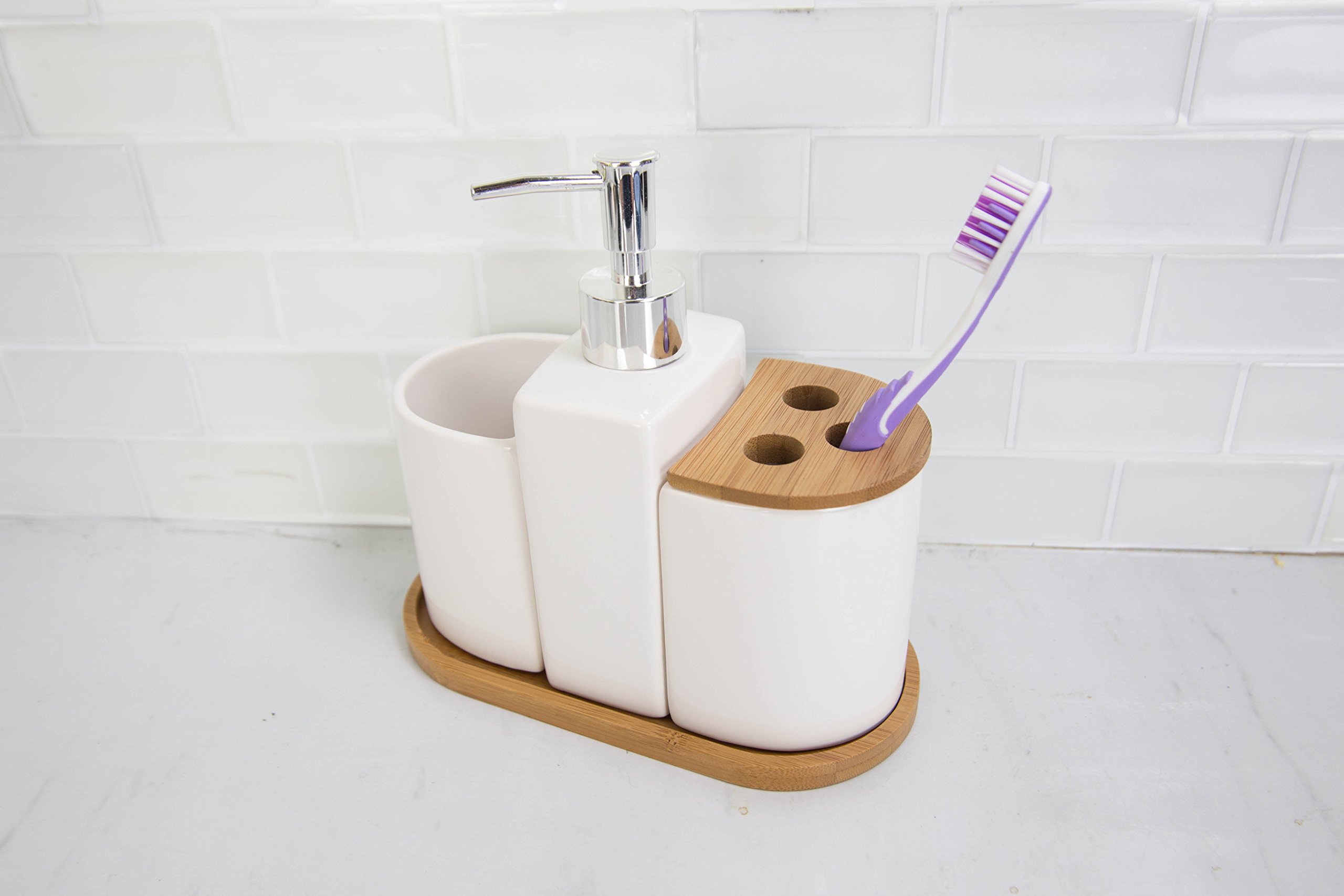 Home Basics 4-Piece Ceramic Bamboo Bathroom Set in White - Perfect for Modern Bathrooms, Spa-Like Showers & Guest Bathroom Decor