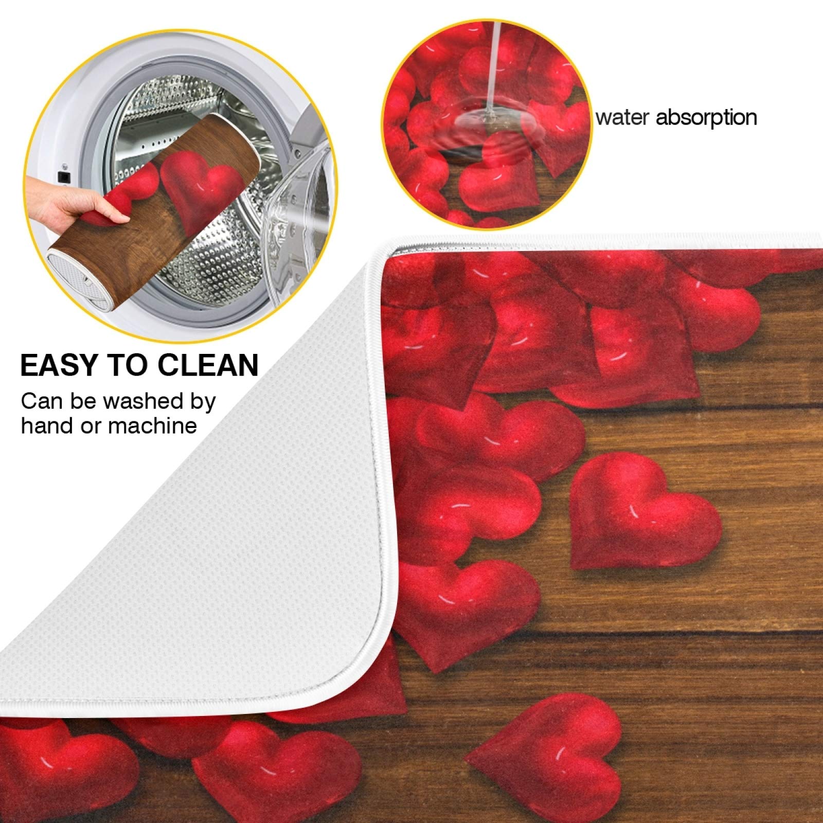 Premium Microfiber Dish Drying Mat - 18x16 Inch Absorbent Kitchen Counter Mat with Red Heart Design on Wooden Board, Reversible Dish Drainer for Plates & Bottles | Perfect for Kitchen Countertops, Sink Areas & Dish Drying Stations