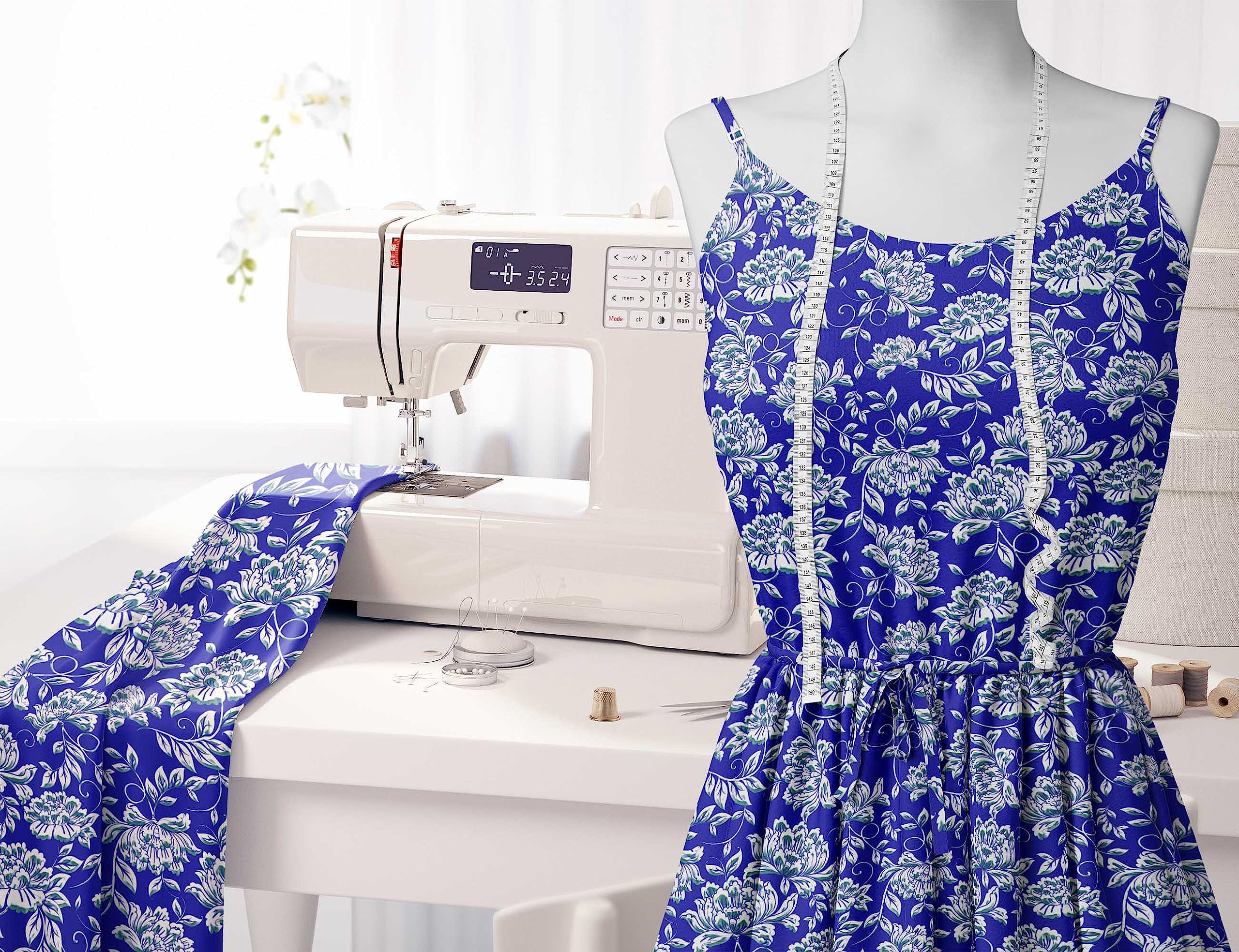Soimoi Moss Georgette Blue Fabric by The Yard - 42 Inch Wide Printed Fabric with Artistic Leaf & Floral Design for Dresses, Curtains, DIY Crafts - Elegant and Trendy Home Decor & Fashion Material