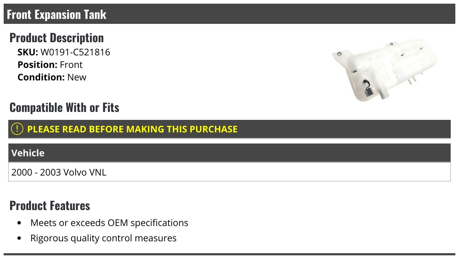 Volvo VNL Coolant Overflow Expansion Tank - Compatible with 2000-2003 Models | Front Radiator Coolant Reservoir Replacement | Perfect for Truck Maintenance & Engine Cooling System Repair