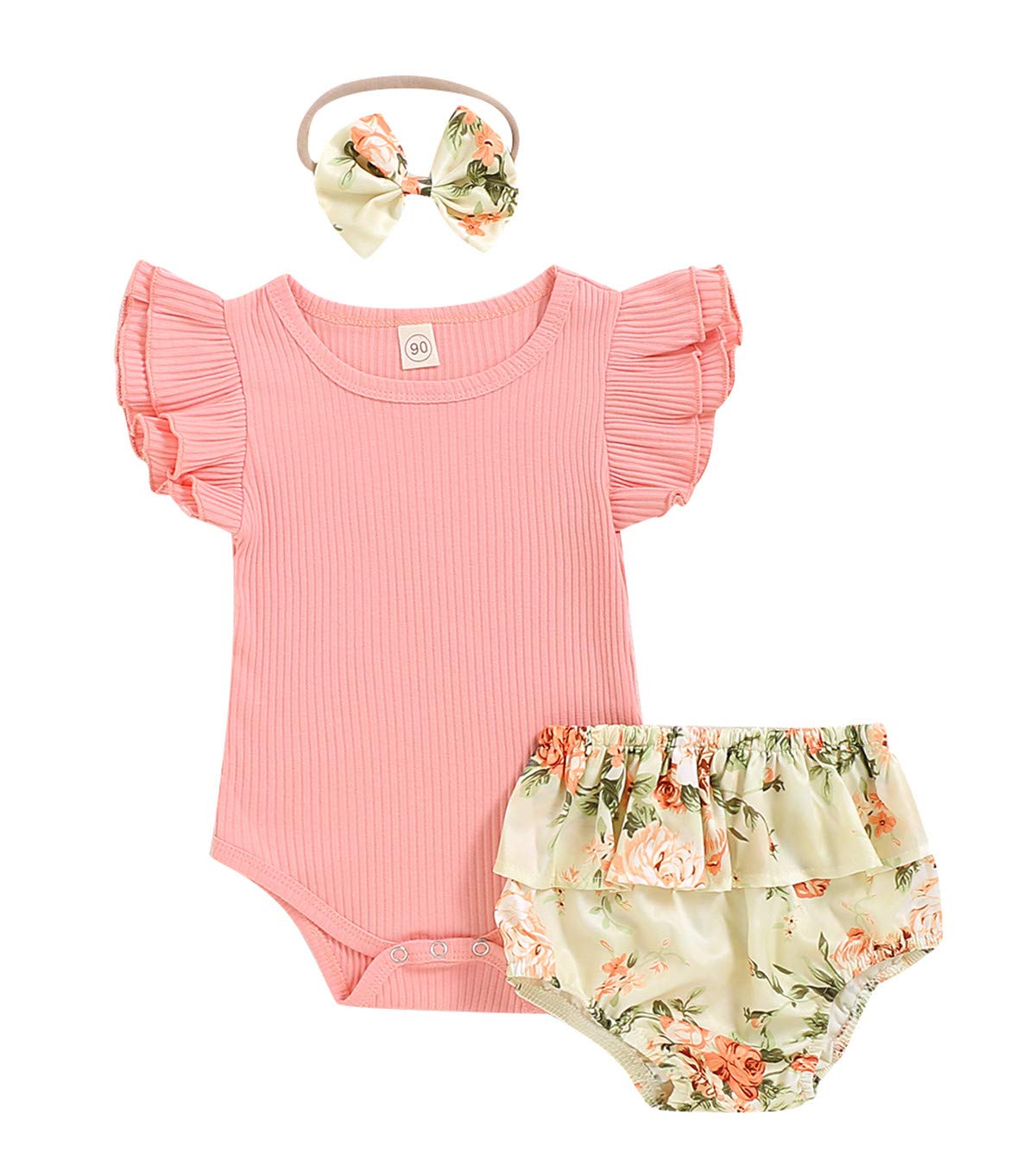 Newborn Baby Girl Ribbon Romper Jumpsuit with Floral Shorts & Headband - Soft Cotton Summer Outfit Set for Photoshoots, Playdates & Family Gatherings