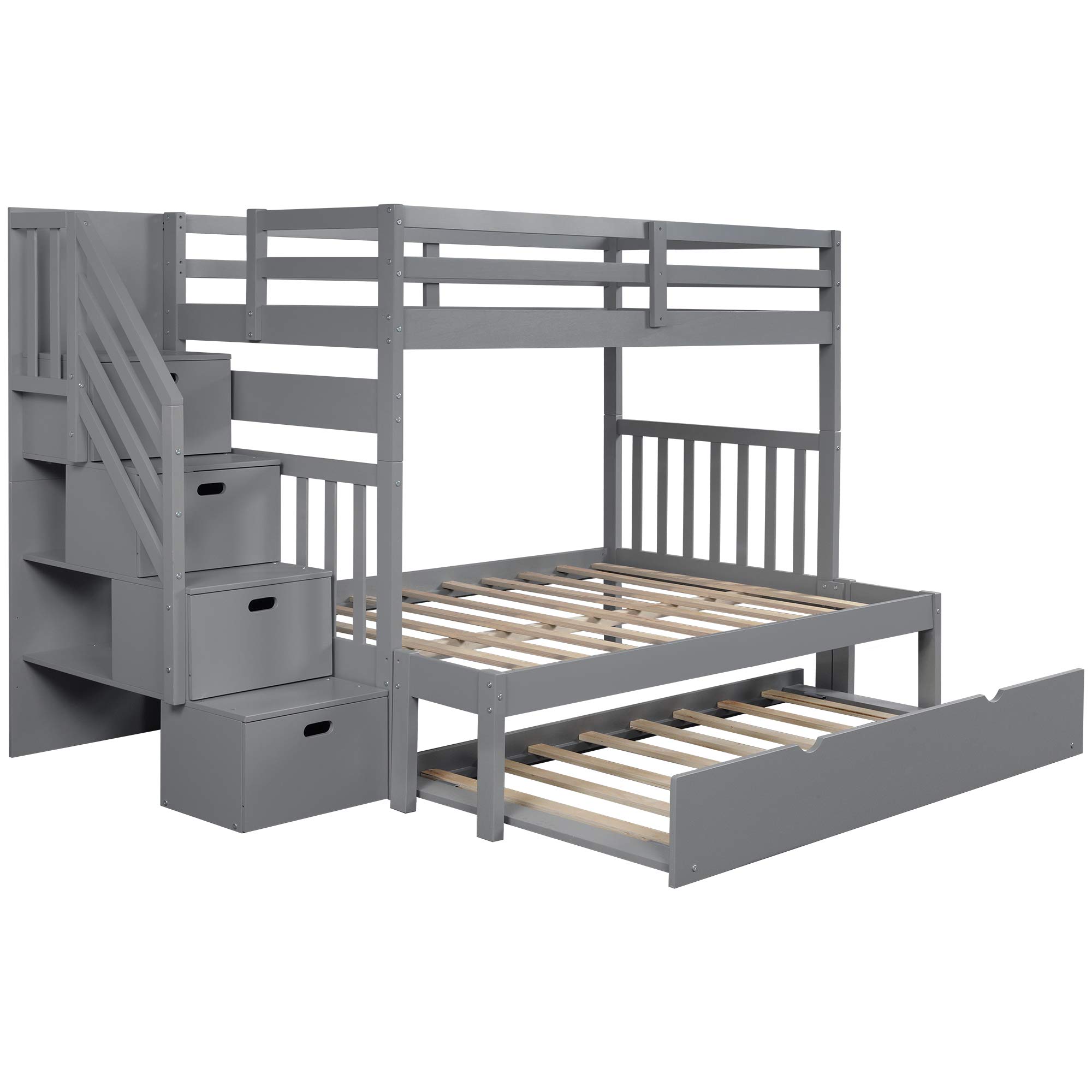 SOFTSEA Twin Over Twin Bunk Beds with Trundle - Wooden Kids Bunk Bed with Stairs, Convertible Bottom Bed, No Box Spring Needed - Space-Saving Solution for Kids' Bedrooms, Guest Rooms & Small Spaces (Gray)