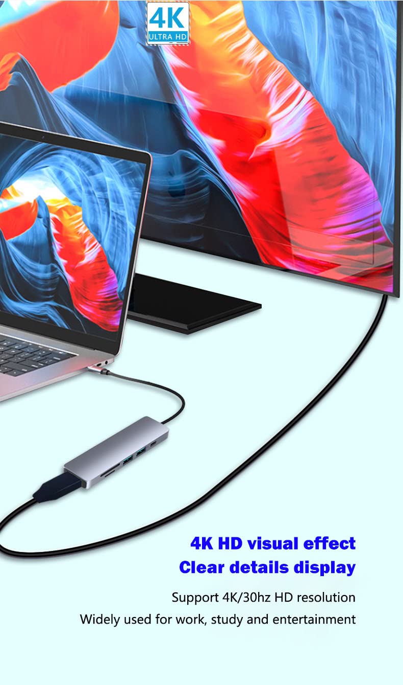 6-in-1 USB C Hub with 4K HDMI, USB 3.0 Ports & Power Delivery - Multi-Port Adapter for MacBook Pro/Air, iPad, Laptop & USB-C Devices | Ideal for Home Office, Travel & Video Conferencing