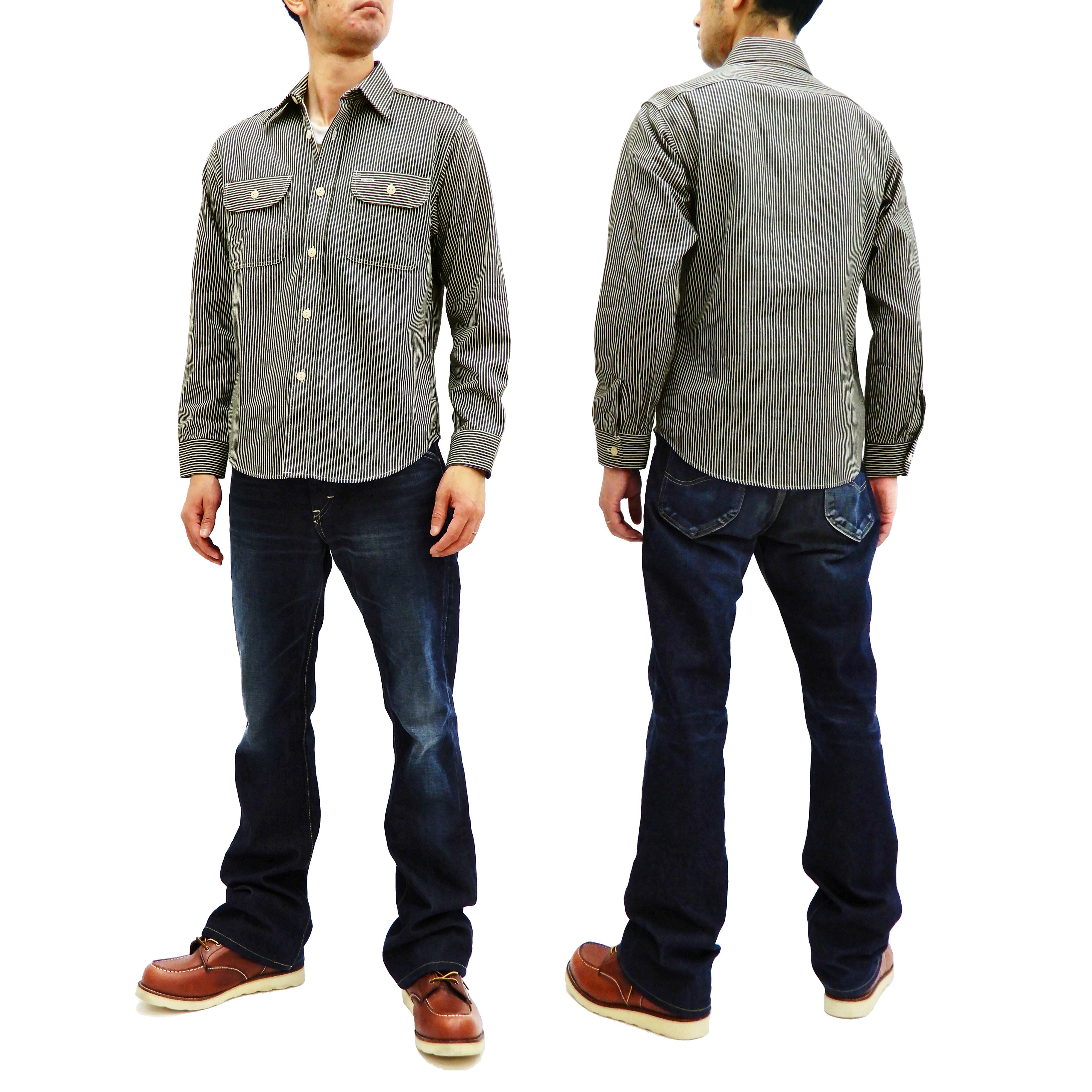 Men's Hickory Stripe Work Shirt - Long Sleeve Casual Button Up Shirt in Black (SC27853) | Durable Cotton for Outdoor Work & Country Style Fashion
