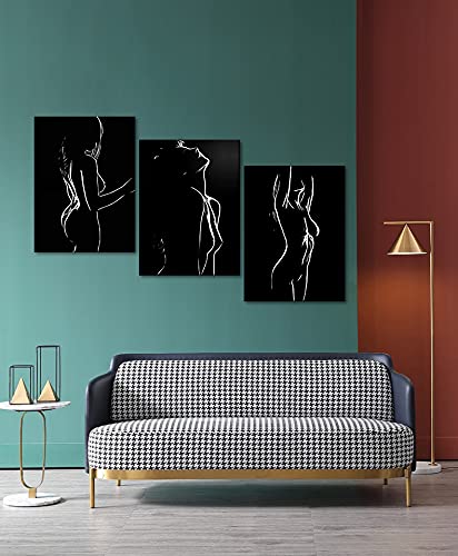 Abstract Black and White Nude Woman Wall Art - 3 Piece Canvas Prints (24