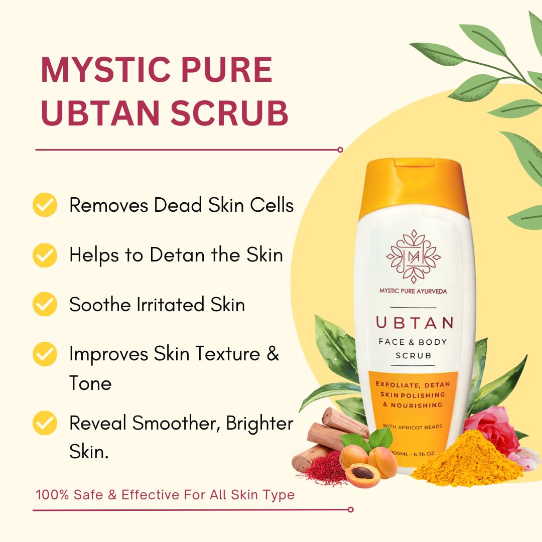 Mystic Pure Ayurveda Ubtan Face and Body Scrub with Apricot Beads - 200g | Natural Exfoliator for De-Tan & Glowing Skin | Revitalizing & Brightening Formula | Perfect for Daily Skincare & Spa Treatments