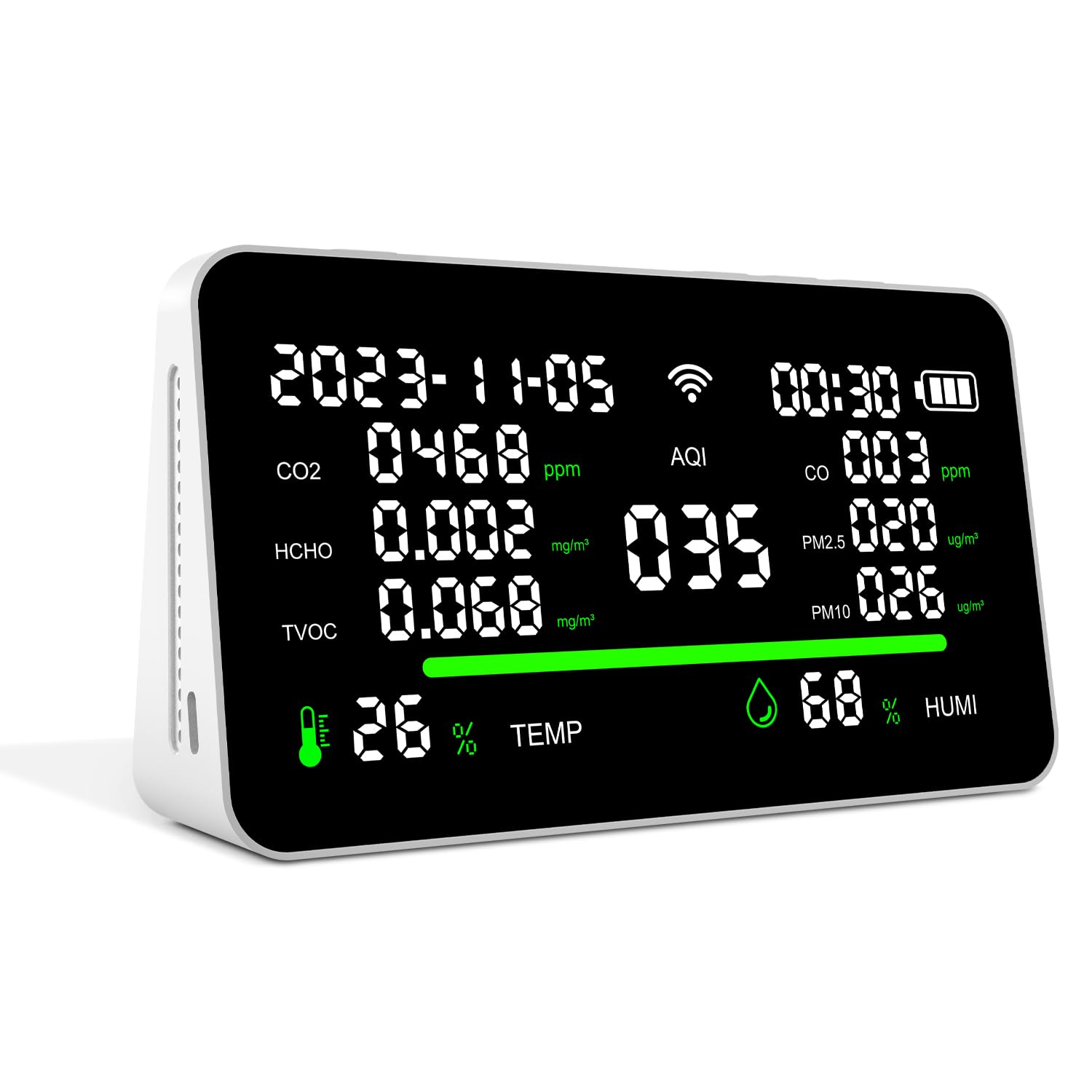 11-in-1 Air Quality Monitor for Home & Office - CO2/VOC/PM2.5/Temp/Humidity Detector, Portable & Battery Powered