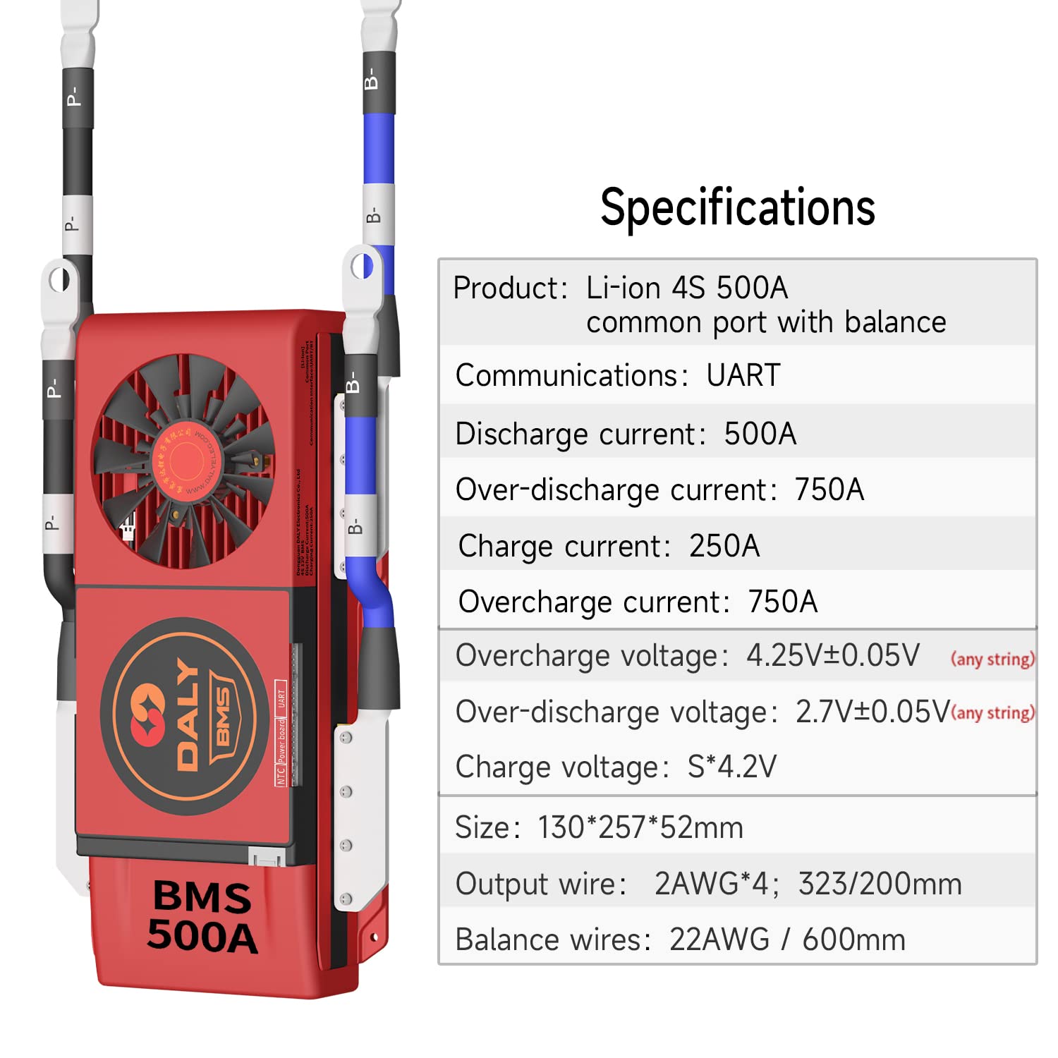 DALY Smart BMS 4S 12V 500A with Bluetooth & Cooling Fan - Lithium Ion Battery Management System for 3.7V Battery Packs - Home Backup Power, Solar Energy Storage, RV & Marine Applications